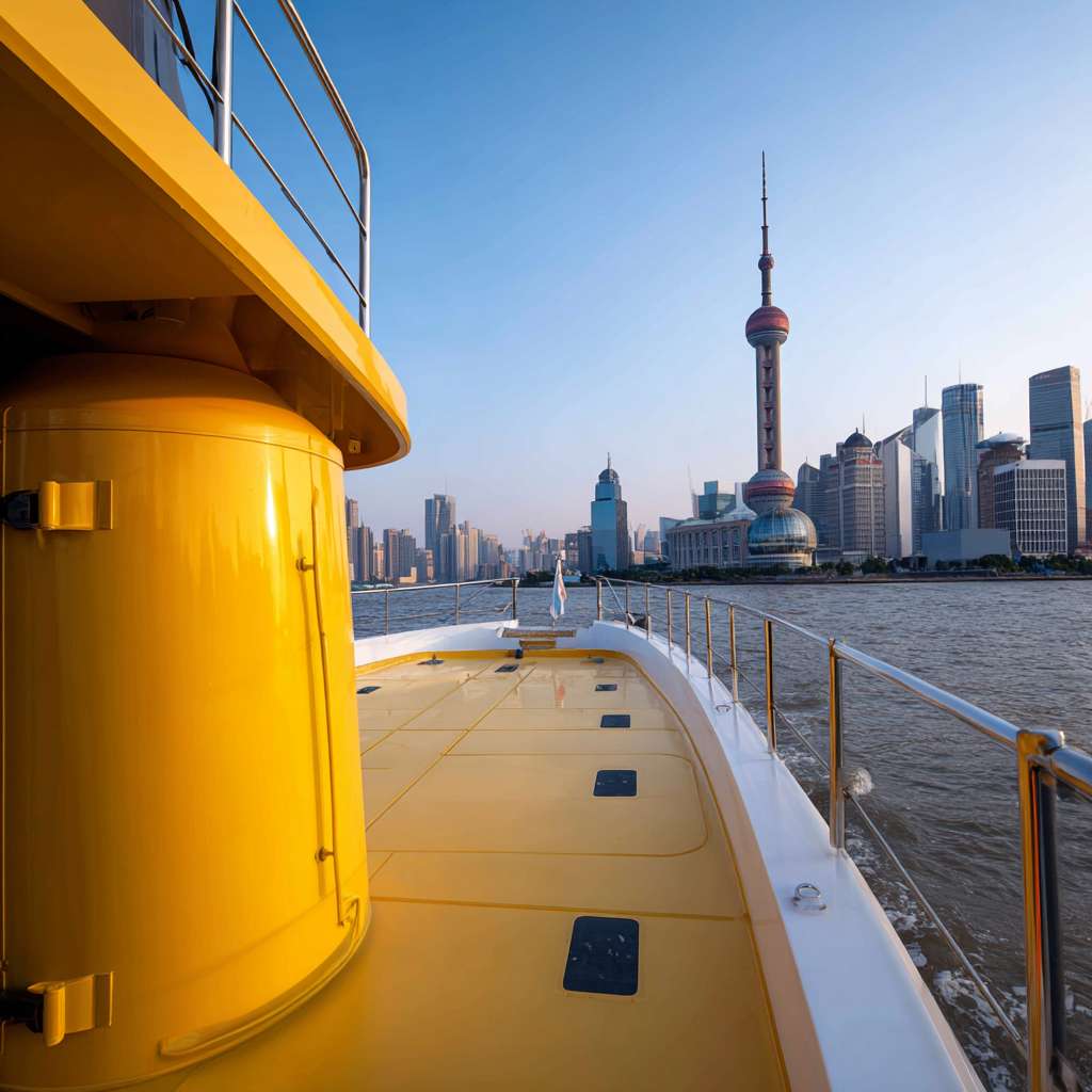 第三人称视角，精致的小型游艇在深蓝色黄浦江面上航行，游艇具有流线型设计、白色船体、小型甲板，巨大的黄色瓶子稳稳地放置在游艇的甲板上，瓶子底部与游艇甲板表面紧密接触，游艇的栏杆和甲板结构清晰可见，背景是东方明珠塔和陆家嘴CBD建筑群，整体暖色调 --ar 1:1 --v 7 --stylize 100 --fast --no 水印