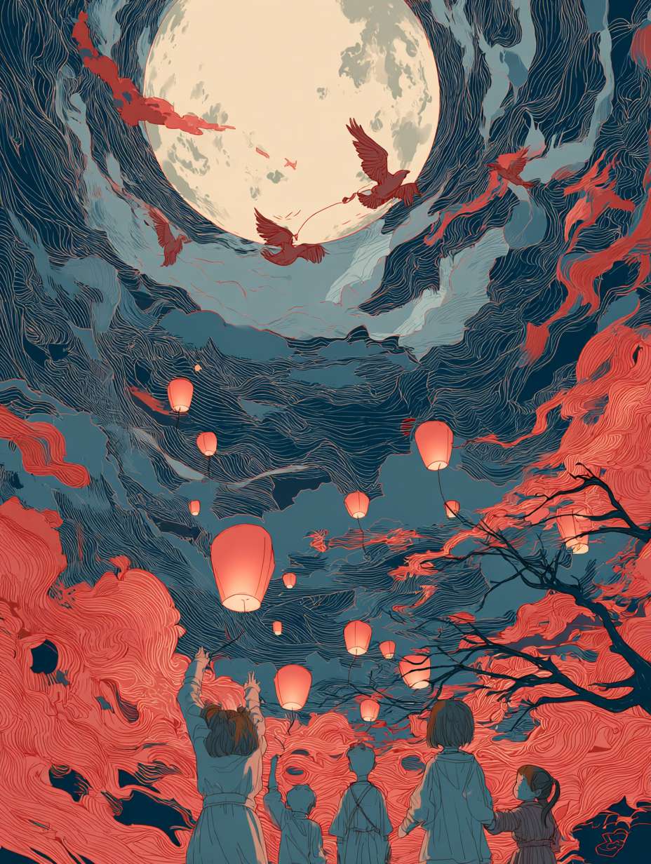 The background of the picture is a huge moon, and several children are playing with lanterns. The atmosphere is festive, and the moon is drawn with complex linear colored lines. The illustration is drawn with flat style colored lines, with red as the main color. It is an imaginative illustration, with a bird's-eye view, 64K, --ar 3:4 --v 7 --stylize 100 --fast