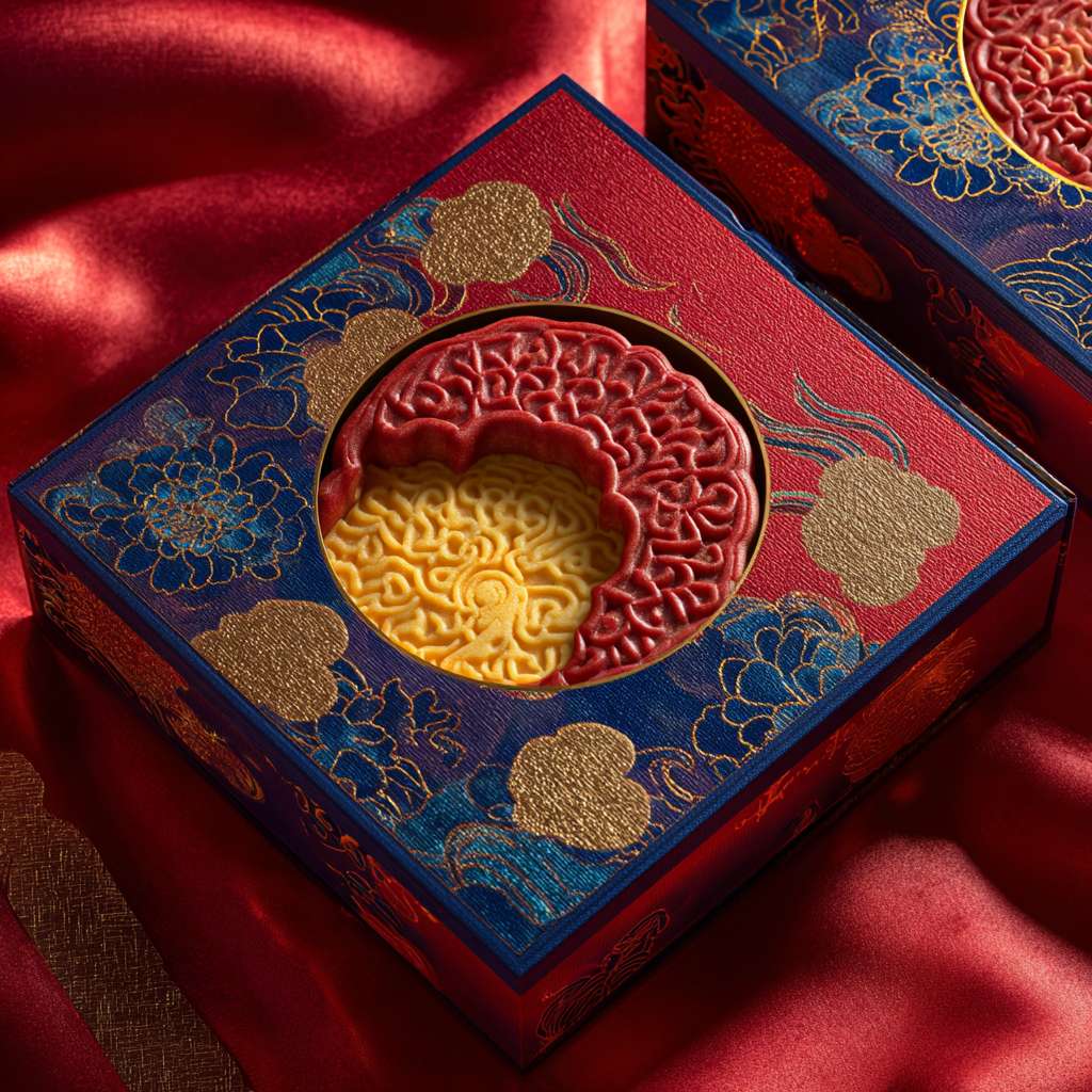 Chinese Mid-Autumn mooncake gift box, vermilion red background with indigo blue patterns, gold foil embossed clouds and chrysanthemums, traditional Chinese window cut-out revealing yellow inner box, silk fabric interior, matte texture with glossy accents, classic Chinese aesthetic, top view product shot, studio lighting, hyperrealistic, 4k detail --ar 1:1 --v 7 --stylize 100 --fast