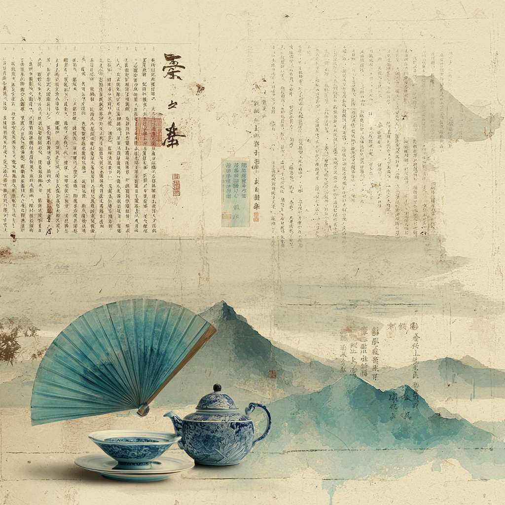 "Horizontal layout, left side: faded ancient Chinese book pages, right side: vertical '养心' in seal script, below it a teapot, Tai Chi fan, and blue-white porcelain bowl, soft beige and cyan colors, light ink-wash mountains at bottom, traditional Chinese style, 1200x600 pixels" --ar 1:1 --v 7 --stylize 100 --fast --no 水印