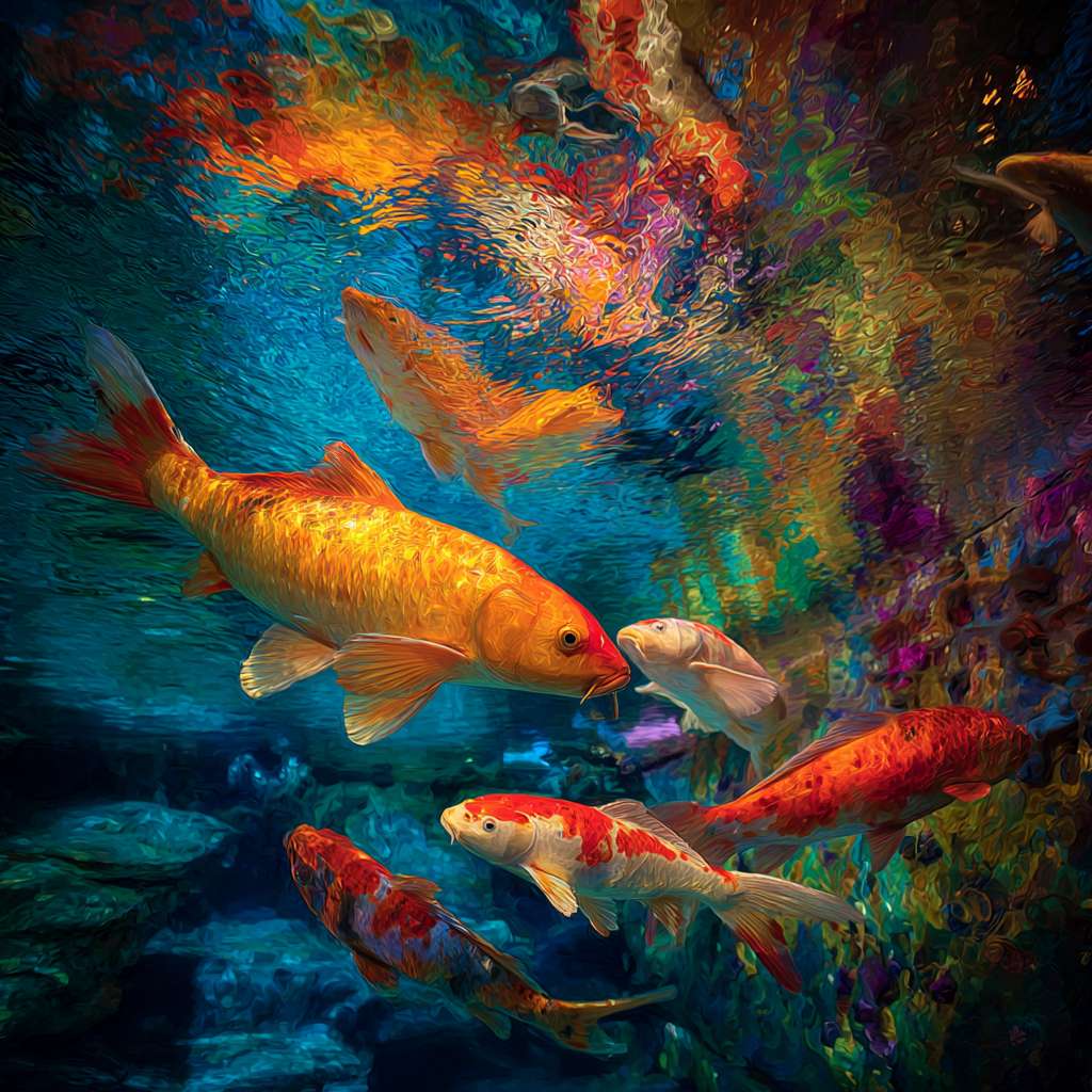 Vibrant underwater fantasy: blue water, 五彩光影，and energetic koi, 粗笔触 for texture, 细笔触 for movement, abstract. --ar 1:1 --v 7 --stylize 100 --fast --no 水印