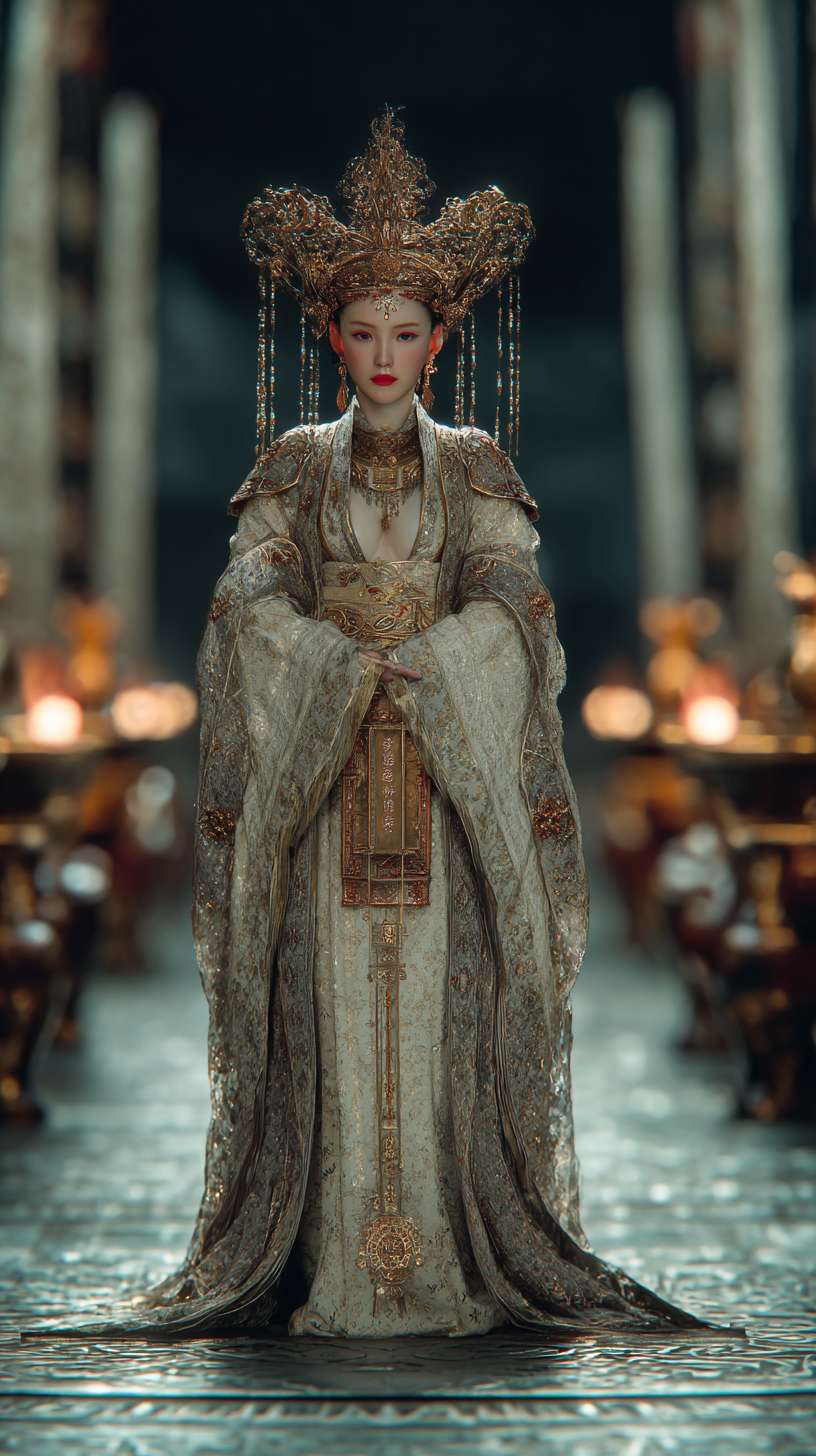 Realistic cinematic scene of a nine - tailed fox concubine in Shang Dynasty - style gold - inlaid gossamer robes, facing the camera on a sacrificial terrace framed by bronze taotie columns. She wears a nine - phoenix gold crown, tails cascading like liquid metal with glowing lapis tips. Her powdered face features ancient diagonal blush, slit - pupil eyes, vermilion lips, and fox - shaped earrings. Blurred background bronze vessels emit cyan foxfire, tortoiseshell floor patterns glowing under moonlight. Central symmetric composition emphasizes her ritual jade tablet and symmetrical tails. Shot with Canon EOS R5 in 8K UHD, icy moonlight contrasts with warm lamp glow, highlighting metallic textures and pallid skin for a mythic, opulent court aesthetic. --ar 9:16 --v 7 --stylize 100 --fast