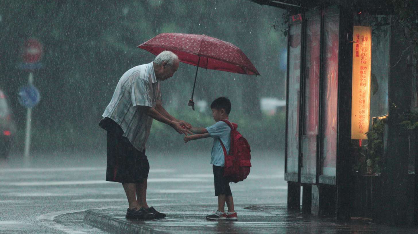 2. 白发老人、放学小男孩
• 地点：午后雨天的公交站台
• 事件：白发老人撑着小伞，伞沿倾斜护住身边背书包的小男孩，两人并肩站在雨棚下，老人不时调整伞的角度，小男孩偷偷把伞往老人那边推。 --ar 16:9 --v 7 --stylize 100 --fast --no 水印