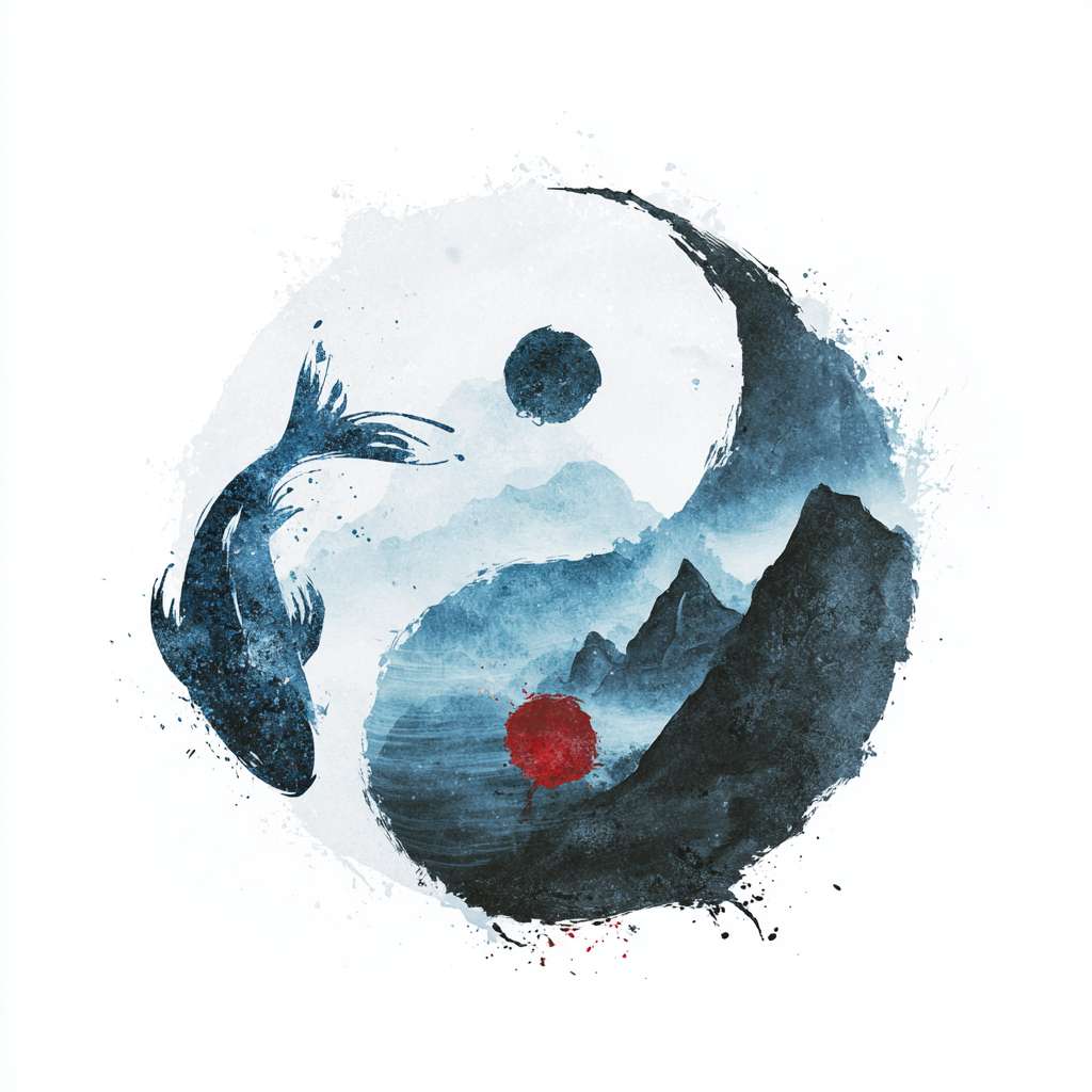 The circular logo adopts the traditional Chinese ink and wash Tai Chi symbol (not a circle), with alternating shades of blue, black, and white, surrounded by a hazy silhouette of a blue mountain range, and a red dot in the center. Tai Chi has a fish shaped pattern: black fish (yin) and white fish (yang) are wrapped in smooth curves, reflecting the interaction between yin and yang. The mountain range extends slightly from the imaginary part of Tai Chi to increase the artistic conception. The picture mainly focuses on Tai Chi, emphasizing the balance of yin and yang and the combination of movement and stillness, with mountains as a supplement. The background is pure white, with a Zen style, simple design, no text, no watermark, high resolution, vector image, and white space at the edges of the picture. Pay attention to the artistic conception of the picture, and have a combination of movement and stillness --ar 1:1 --v 7 --stylize 100 --fast
