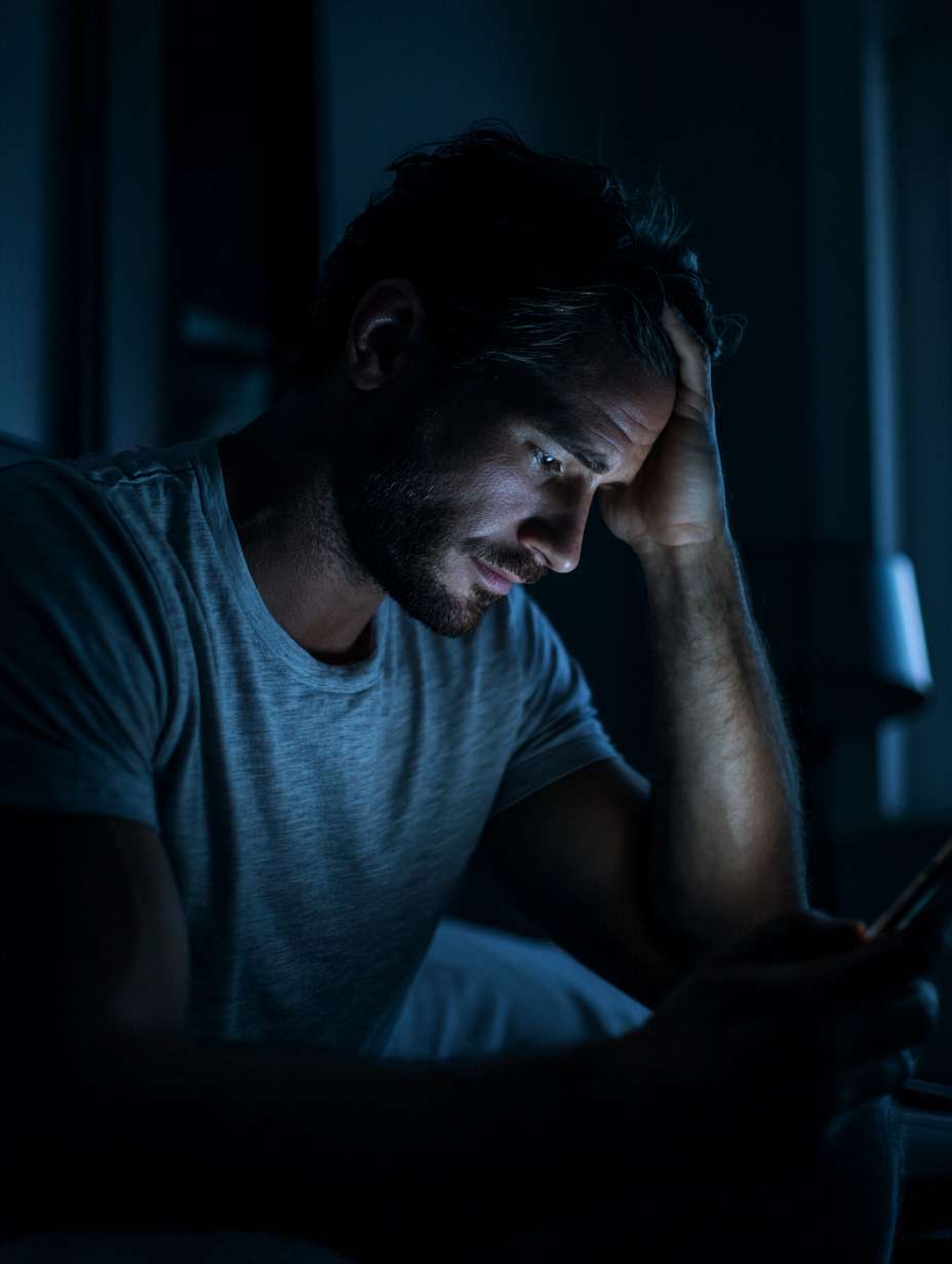 特写：深夜手机屏幕亮着，一只手烦躁滑动，背景是黑暗的房间（冷色调：灰蓝）比例 --ar 3:4 --v 7 --stylize 100 --fast --no 水印
