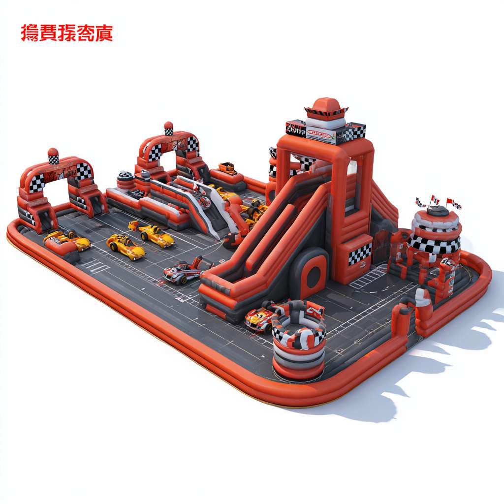 帮我生成一套充气造型的陆地充气闯关，以各种玩法的游戏障碍为主，充气障碍是赛车主题，拥有各种赛车的元素，比如旗子，轮胎，赛车等等，颜色以红黑篮白为主，注意，是充气造型的陆地充气闯关障碍！我需要足够围绕一整个足球场的长度！拥有十段以上不同玩法的游戏 --ar 1:1 --v 7 --stylize 100 --fast --no 水印