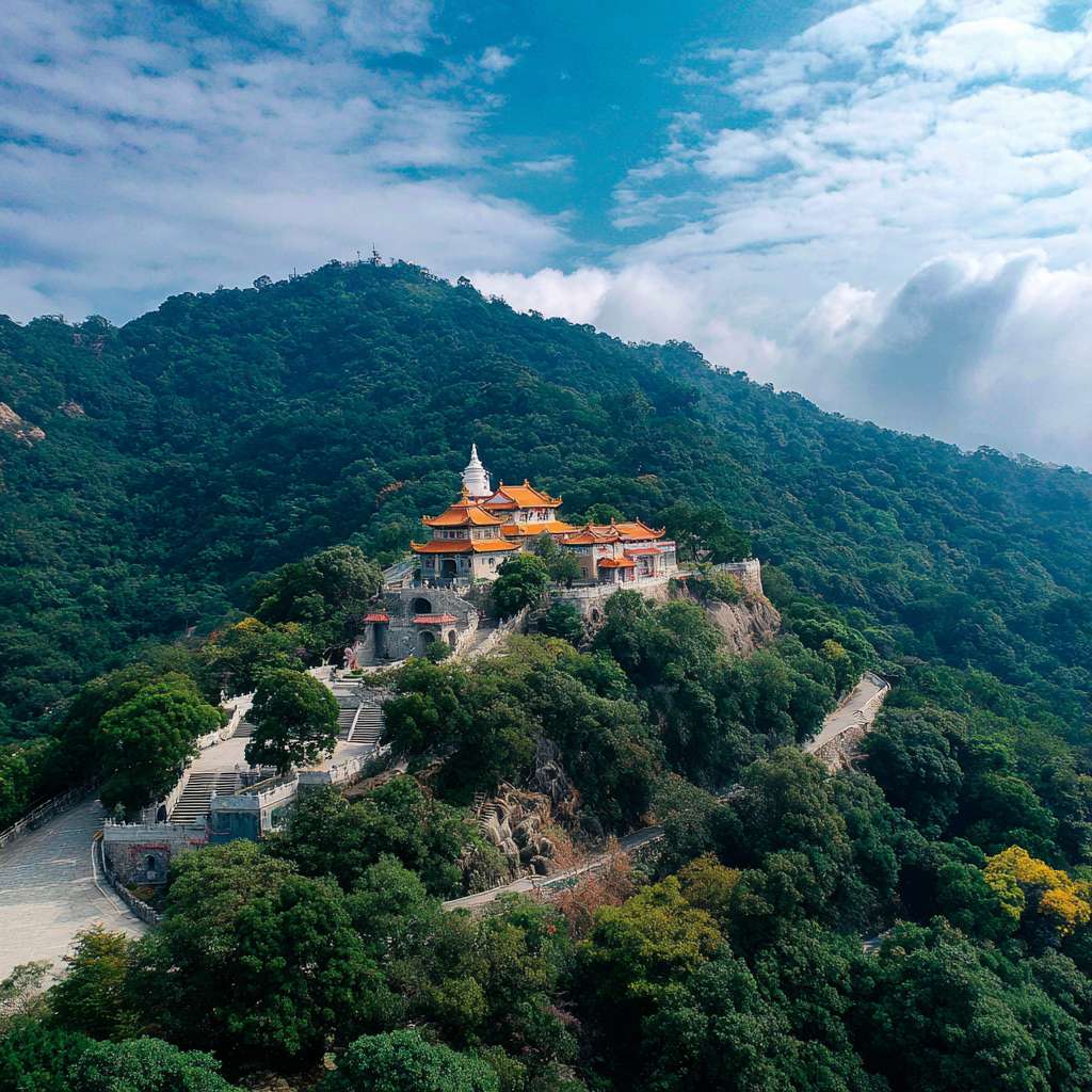 爬山朝拜图，周围苍翠的山林，庙宇屋顶隐约其中，夹道有禅意雕塑，路面上有佛教咒语标识，庙宇隐约其中，厦门古厝屋顶露出一点点，增加朝拜上山路上的仪式感 --ar 1:1 --v 7 --stylize 100 --fast --no 水印