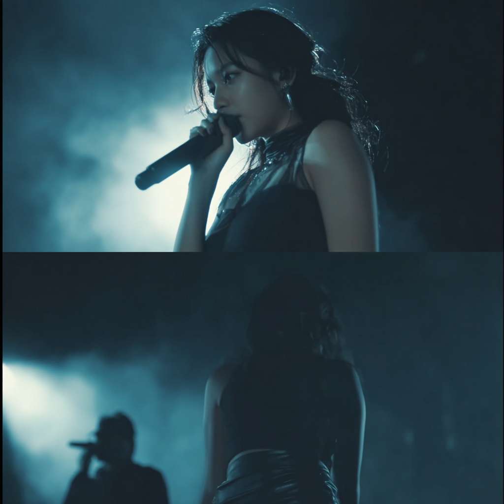 画面主体：一个女生站在舞台中央，单手握着麦克风，正在专注地演唱。她穿着舞台服装，灯光打在她身上，形成强烈的聚焦效果。
背景：在她身后，有一个模糊、黑色的身影，看起来像是一个男人，在记录东西。这个身影没有面部细节，只有轮廓，营造出一种神秘的氛围。 --ar 1:1 --v 7 --stylize 100 --fast --no 水印