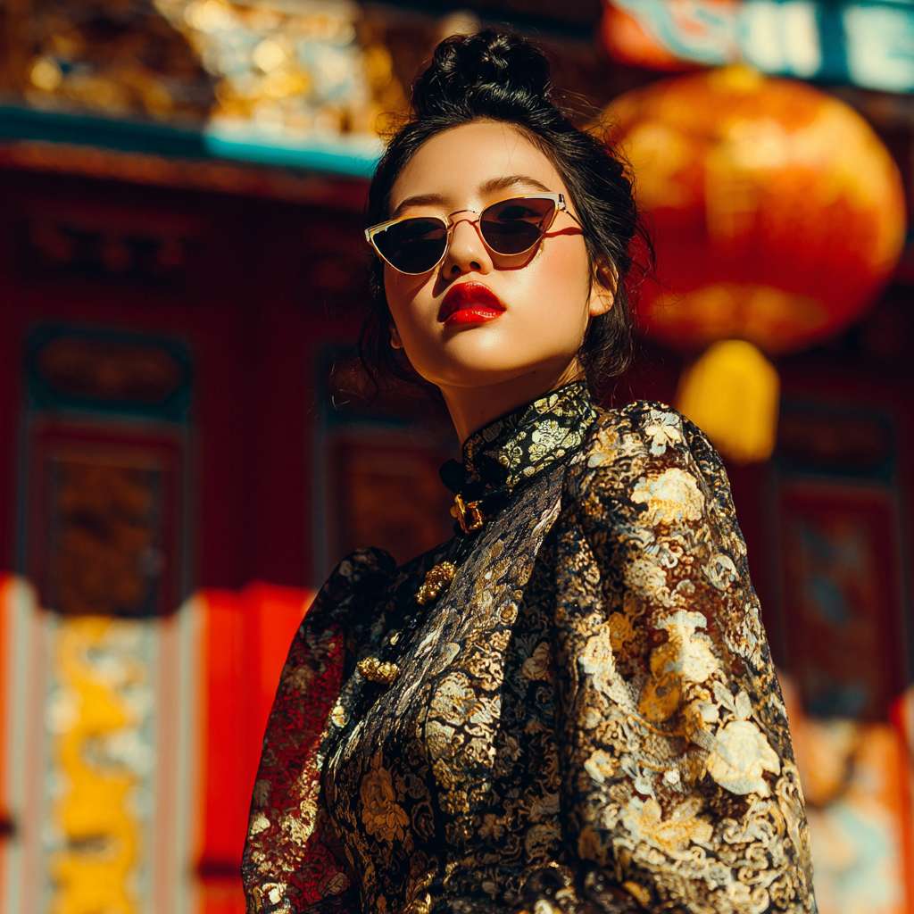 一个成年欧美女性站在大太阳下 --ar 1:1 --v 7 --stylize 100 --fast --no 水印