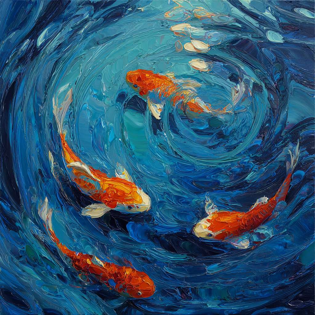 Surreal blue-hued aquarium: swirling water in cobalt and indigo, vibrant koi shimmering with rainbow hues, bold strokes for ripples and fish scales, energetic abstract. --ar 1:1 --v 7 --stylize 100 --fast