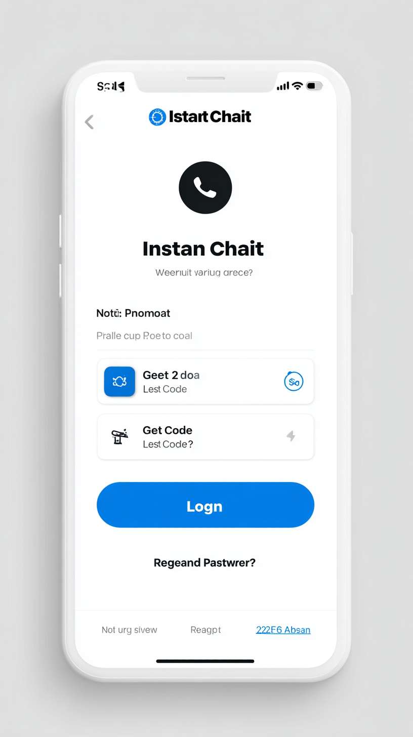 A minimalist login interface for a mobile app. The screen features a light gray background (#F5F5F5). A centered white card with rounded corners contains the login form. This includes a phone number field (with a left-aligned phone icon and gray placeholder text) and a verification code field (with a left-aligned SMS icon and a right-aligned "Get Code" button in blue #2196F3). The "Get Code" button features a dynamic loading indicator. A prominent blue (#2196F3) "Login" button with bold white text is placed below the inputs. A "Forgot Password?" link is situated above the login button. At the bottom, the text "No account?" in gray is followed by a blue "Register Now" link (no underline). The top of the screen displays a circular app icon above the bold black "Instant Chat" title. The interface is clean and uncluttered, with full keyboard navigation support. --ar 9:16 --v 7 --stylize 100 --fast