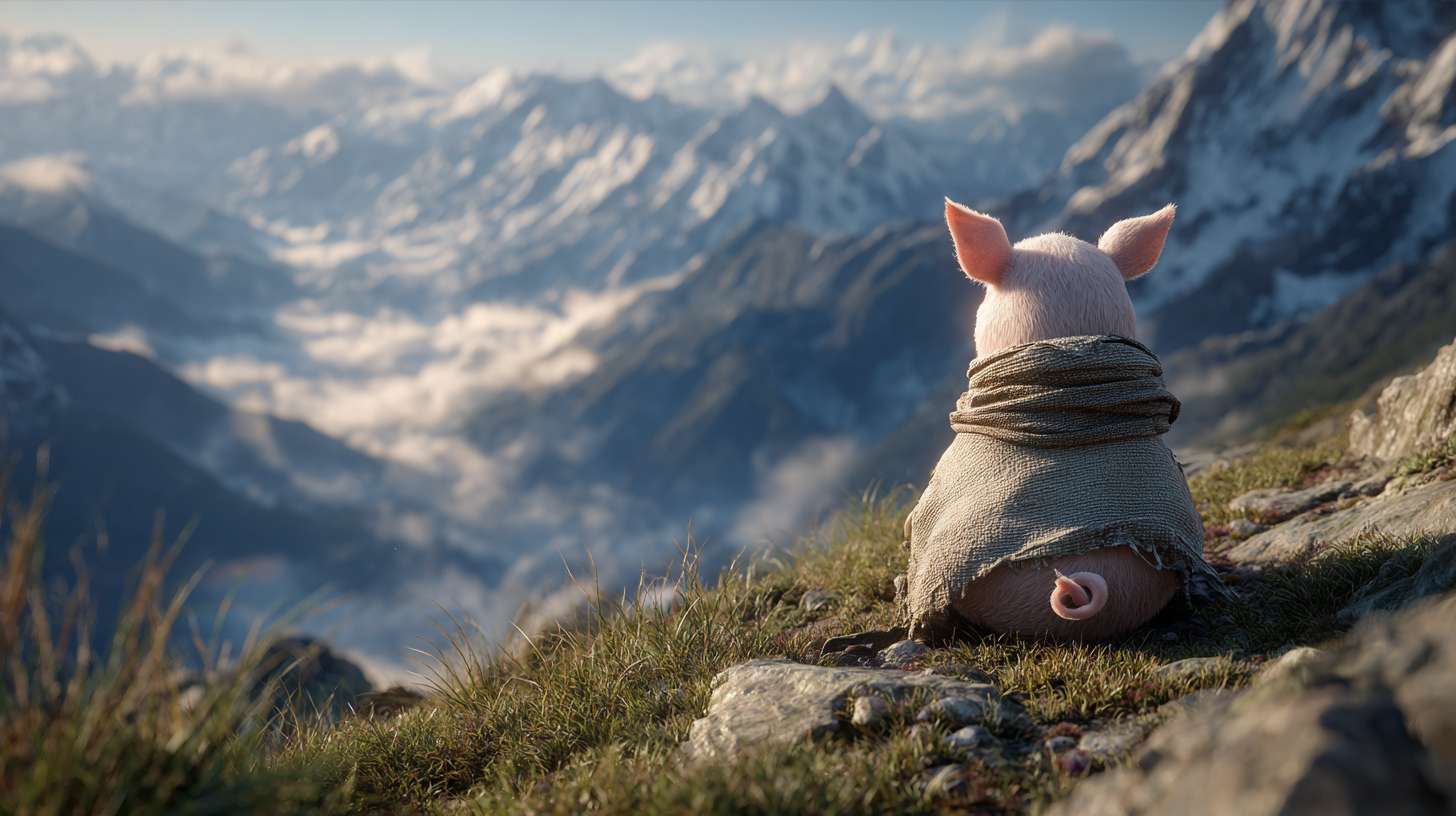 Photorealistic cinematic image，A pale pink pig on the grass next to the mountaintop, facing away from the camera,it also it's a scarf around it head, which is partially covering it face, giving her a mysterious look.Overall, these images convey a sense of desolation and grandeur, possibly telling a story about adventure, and emotional expressions all suggest that this may be a work with a strong narrative and visual impact,with a rocky mountain range behind it, and fog connecting the mountain range, full of warm colors and ultra high definition real materials，Ultra wide view shot， highly detailed photo. --ar 16:9 --v 7 --style raw --stylize 100 --fast