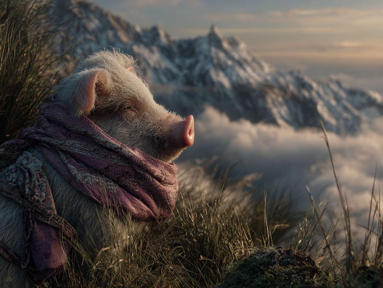 Photorealistic cinematic image，A pale pink pig on the grass next to the mountaintop, facing away from the camera,it also it's a scarf around it head, which is partially covering it face, giving her a mysterious look.Overall, these images convey a sense of desolation and grandeur, possibly telling a story about adventure, and emotional expressions all suggest that this may be a work with a strong narrative and visual impact,with a rocky mountain range behind it, and fog connecting the mountain range, full of warm colors and ultra high definition real materials,highly detailed photo. --ar 4:3 --v 7 --style raw --stylize 100 --fast