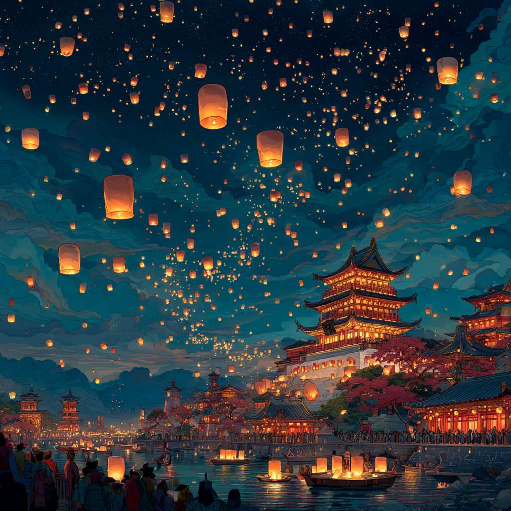 中秋节放飞孔明灯场景 --ar 1:1 --v 7 --stylize 100 --fast --no 水印