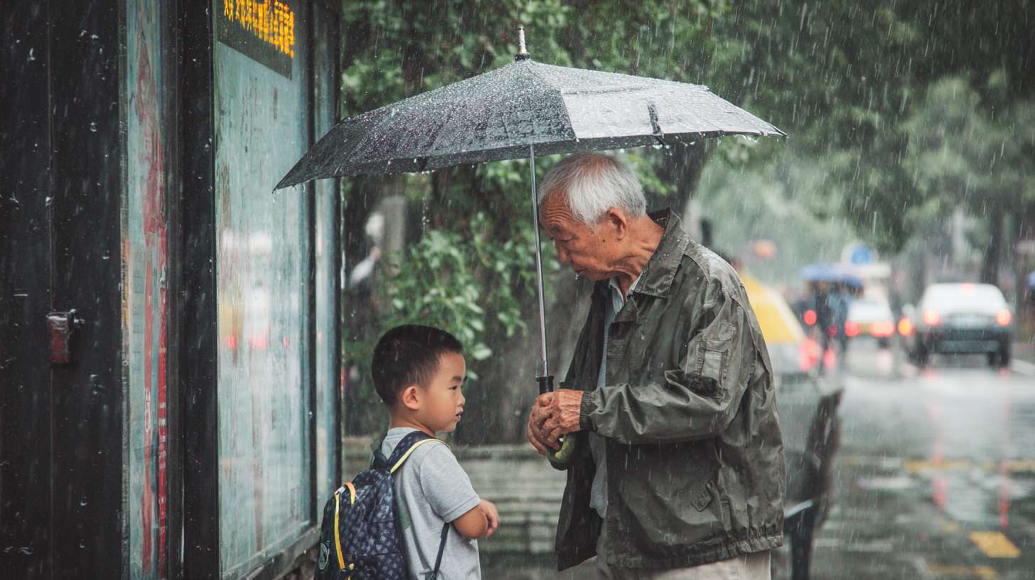 2. 白发老人、放学小男孩
• 地点：午后雨天的公交站台
• 事件：白发老人撑着小伞，伞沿倾斜护住身边背书包的小男孩，两人并肩站在雨棚下，老人不时调整伞的角度，小男孩偷偷把伞往老人那边推。 --ar 16:9 --v 7 --stylize 100 --fast --no 水印