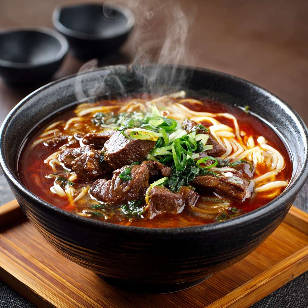 一碗热气腾腾的牛肉面，有葱花， --ar 1:1 --v 7 --stylize 100 --fast --no 水印