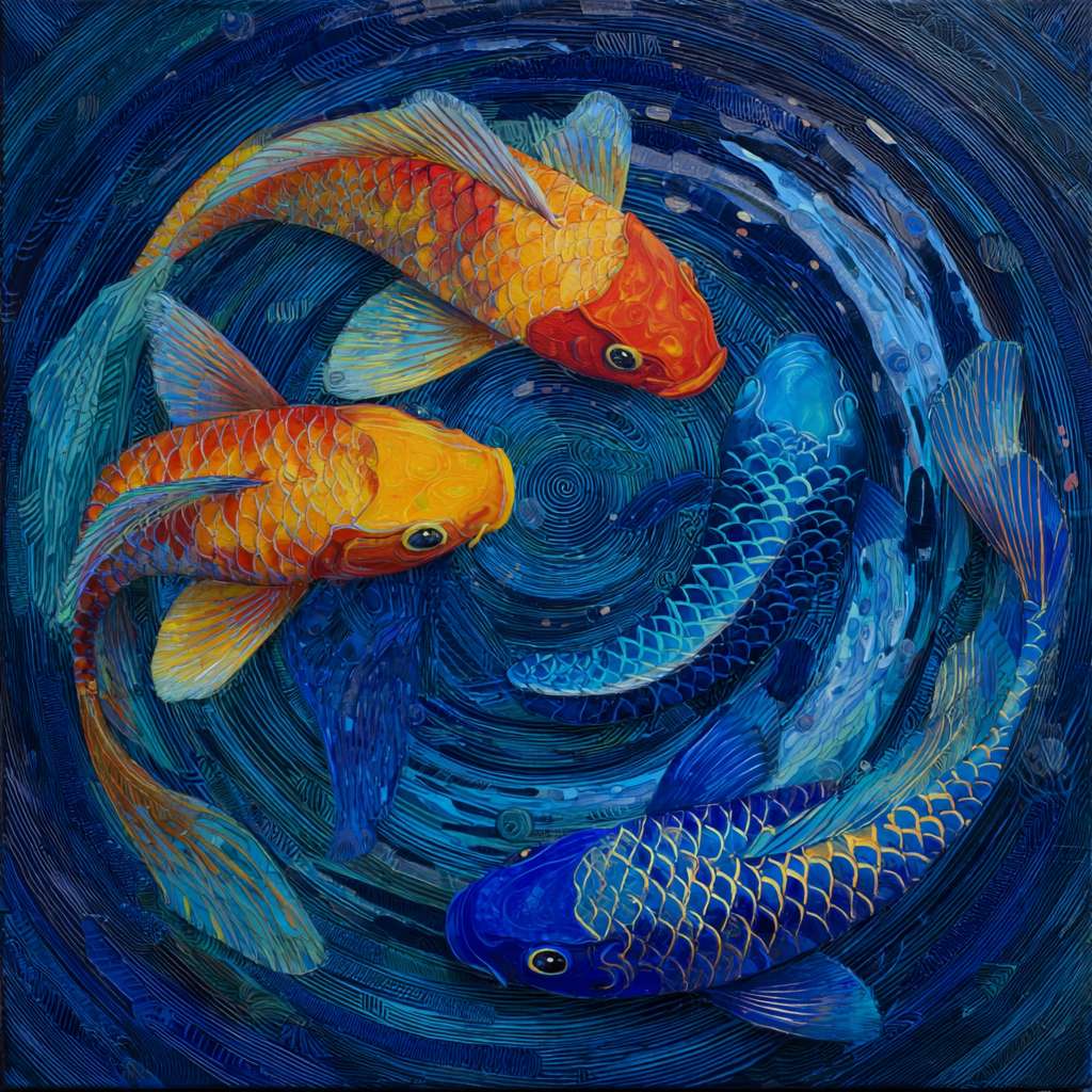 Surreal blue-hued aquarium: swirling water in cobalt and indigo, vibrant koi shimmering with rainbow hues, bold strokes for ripples and fish scales, energetic abstract. --ar 1:1 --v 7 --stylize 100 --fast