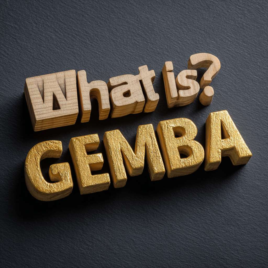 用 "What is GEMBA?"（不改变这句话的文字内容）输出一张图，金色背景，立体金色，输出比列为16:9 --ar 1:1 --v 7 --stylize 100 --fast --no 水印
