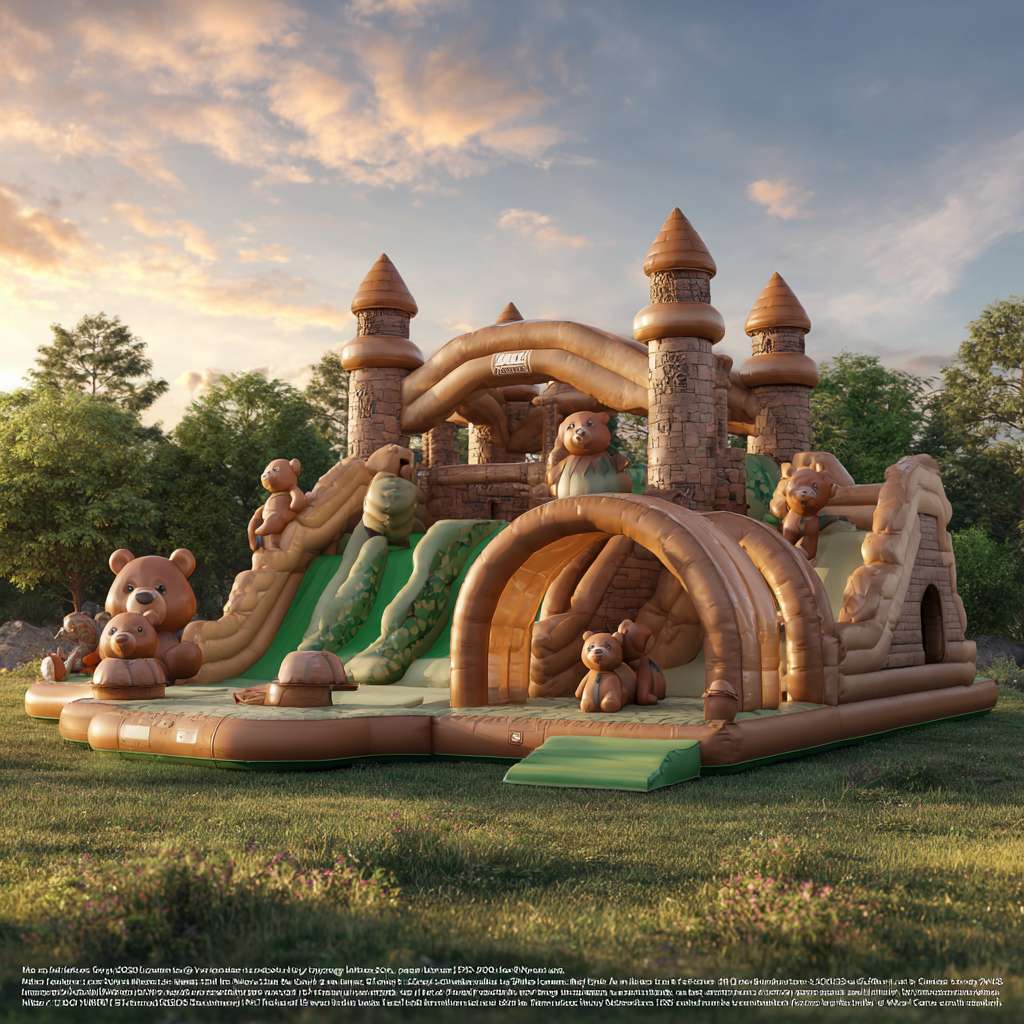 “Realistic large inflatable playground, teddy bear - themed with brown and green tones, featuring multiple teddy bear sculptures, slides, arch entrance, set on a grassy outdoor area. Warm sunlight creates a playful, family - friendly atmosphere, golden hour lighting, high detail” --ar 1:1 --v 7 --stylize 100 --fast