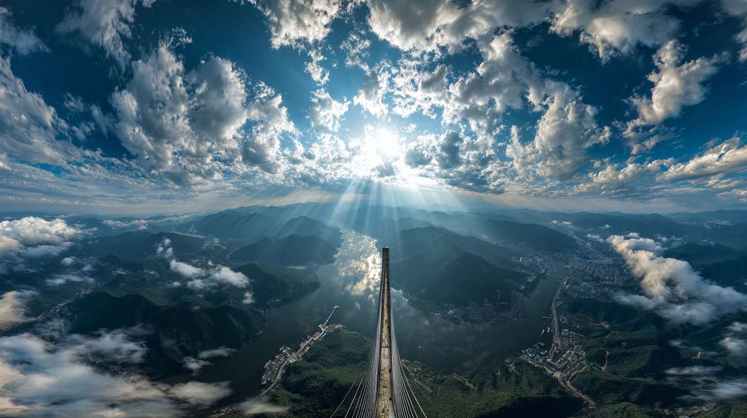 AI画面关键词:
dramatic drone shot soaring upwards, revealing a breathtaking panoramic view of mountains, rivers, and sea from above, the tower becomes small below, expansive, magnificent, clouds break through, god rays, 5d holographic map effect, ultra wide angle --ar 16:9 --v 7 --stylize 100 --fast --no 水印
