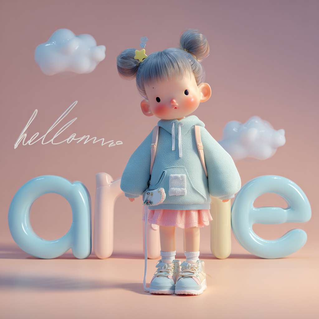 超精细3D渲染,Cinema 4D, Octane Render, 极致可爱灵动的小女孩IP形象,3-5岁, 圆润大头娃娃比例(2.8头身), 闪亮星星大眼睛, 蓬松柔软的棕色低双马尾, 苹果肌红晕, 温暖纯真微笑, 穿着淡蓝色连帽卫衣裙,蓬松裙摆,白色袖口领口滚边, 彩色小短靴, 背着迷你云朵造型双肩包, 发卡是闪亮的字母"A"形状, 小女孩走在回家的路上打招呼,整体马卡龙柔和色调, PBR材质: 细腻皮肤次表面散射,柔软棉布质感,光泽头发丝, 梦幻通透光影, 柔焦背景渐变, 极简抽象场景, 头上方留白再多一些,英语启蒙教育主题, 超高清细节, 8K分辨率 --ar 1:1 --v 7 --style raw --stylize 100 --fast --no realistic,photo,human proportions,scary,complex background,水印
