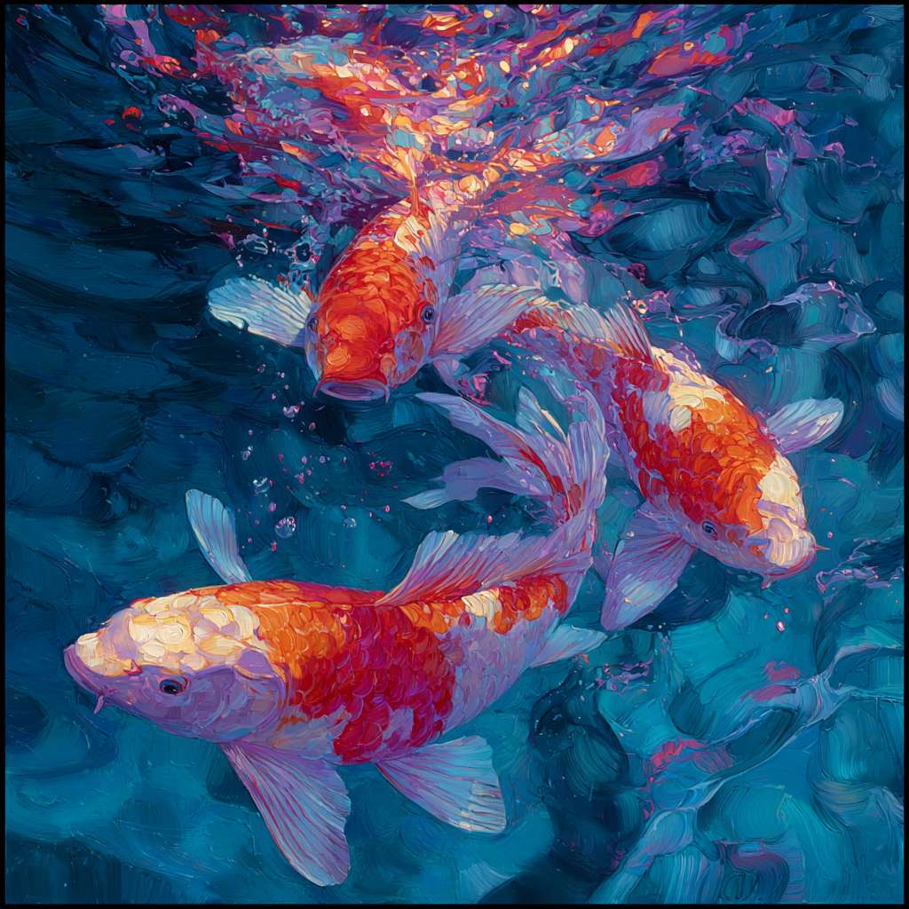 Surreal koi swimming in blue water, with splashes of pink, orange, and purple light; dynamic brushwork—loose for waves, detailed for scales—creating lively ambiance, oil. --ar 1:1 --v 7 --stylize 100 --fast