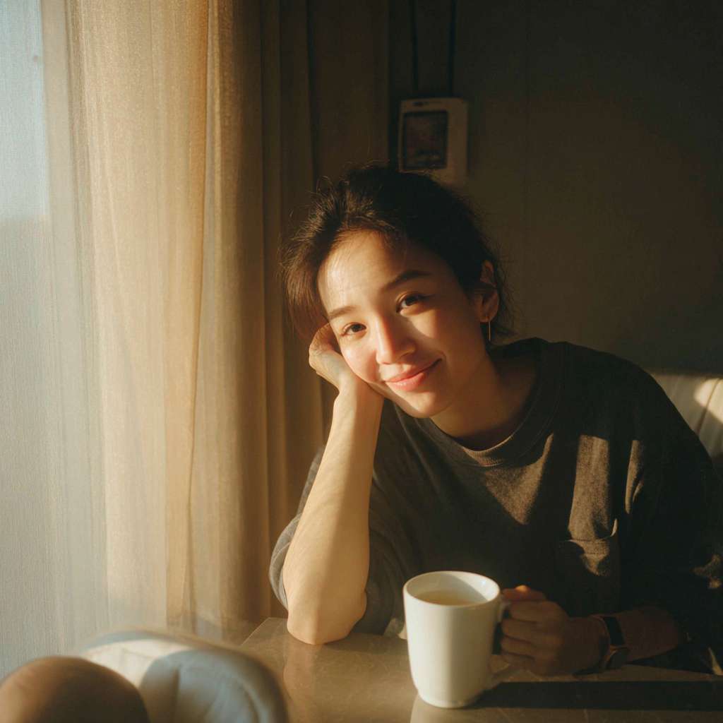 温暖柔光的室内清晨，一位 28 岁左右的亚洲女性，侧脸坐在餐桌旁，左手轻抚一只白色马克杯，右手自然搭在身旁的婴儿椅背上，窗外淡金色阳光透过纱帘落在她肩头，形成一圈柔晕；她嘴角带着浅笑，眼神却隐约望向窗外，仿佛在等待或思索；整体色调奶油+暖白，胶片质感，浅景深，f1.8，35 mm，Sony A7III，cinematic, cozy, subtle melancholy, ultra-sharp focus on eyes --ar 1:1 --v 7 --stylize 100 --fast --no 水印