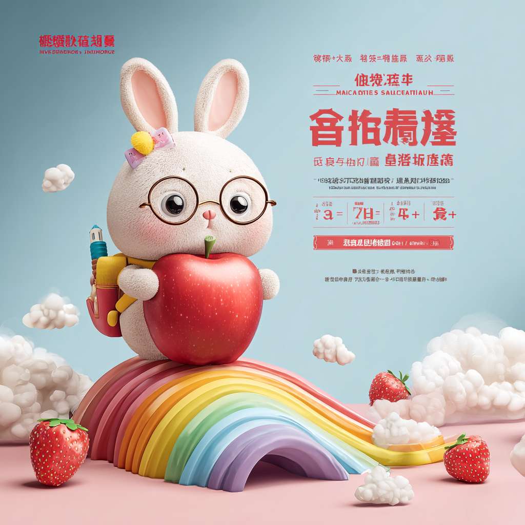 1. **顶层标题区**(参考图布局)
- 顶部居中:**立体云朵牌匾** 写中英文校名(参考图字体)
- 牌匾下方:**彩虹绸带**托起主标题 **“数果累累”**(圆润手绘字体,“数”字嵌入✨)
- 副标题:**“一年级数学练习册”**(字体略小,放在绸带末端)
2. **中央动态区**(核心创意)
- **主角:果果兔兔升级版**
- 戴眼镜的**卡通兔子**(参图角色延续)**怀抱巨大数学苹果**(苹果表面刻“+−×÷”符号)
- 兔子**坐在倾斜的“书本瀑布”顶端**,书本中涌出:
- **数学果实流**:数字形草莓(🍓=3)、几何葡萄串(🍇=球形+立方体)、算珠石榴籽
- **算式藤蔓**:绿叶缠绕成“2+3=5”等飘带
- **背景**:虚化的**金色麦田**(呼应丰收) + **果树剪影**(枝干自然弯曲成数字)
3. **底部信息区**(实用功能)
- **左侧**:**木质小课桌** 放作业本(封面写“姓名:______”,参考图样式)
- **右侧**:**竹篮**装满数学果实(篮身标签:“学习单元:______”) --ar 1:1 --v 7 --stylize 100 --fast --no 水印