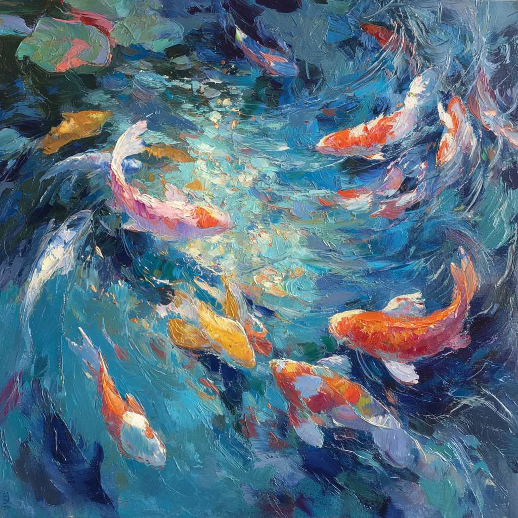 Dreamlike underwater world in deep blues, iridescent light ripples and colorful koi fish in dynamic motion; expressive brushstrokes—thick and thin—capture water’s flow and fish’s agility, abstract oil with lively energy. --ar 1:1 --v 7 --stylize 100 --fast