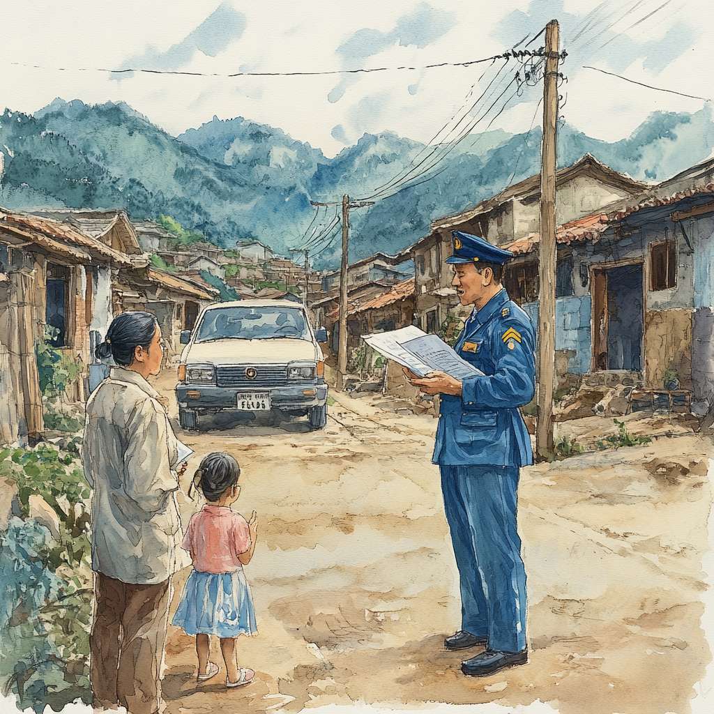 第二幅：扶贫政策到来
场景：同一小山村，但画面中有新的元素。
角色：
一位穿着制服的扶贫干部，手中拿着文件和图纸，正在和农民交谈。
背景中可以看到一些正在修建的基础设施，如新修的水渠、正在搭建的电线杆。
细节：
扶贫干部身后有一辆车。
农民的表情从愁容转为期待。
小女孩在旁边好奇地看着。
色彩：色调开始出现一些明亮的颜色，如扶贫干部制服的蓝色，电线杆的白色，象征希望的到来。 --ar 1:1 --v 6.1 --stylize 100 --fast