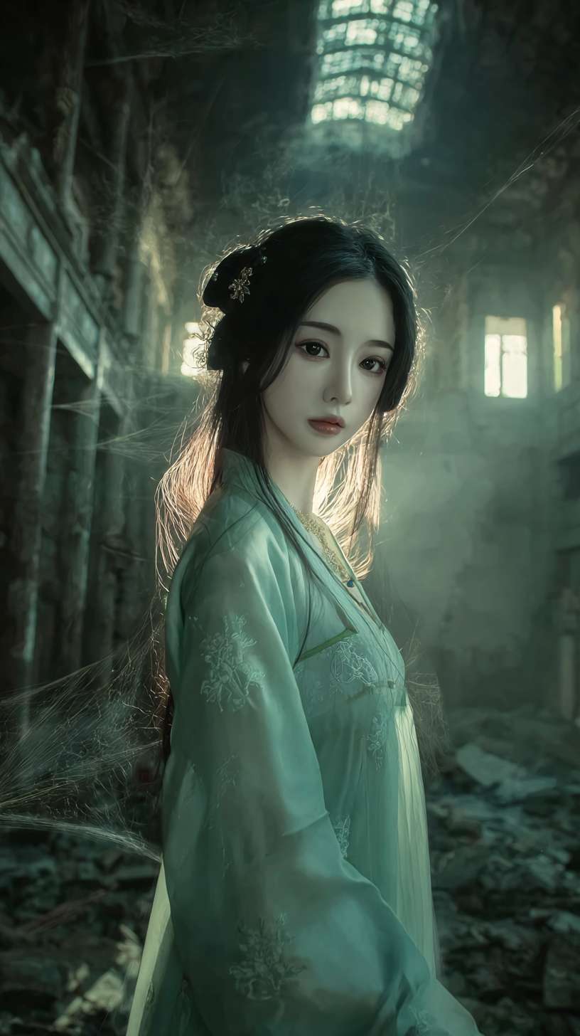https://img-xpc-mj0.xpccdn.com/prod/upload/5de26248-1c5f-4448-beb2-7f326a142ff5/1.webp~tplv-5yakomv5zn-auto-v1%3A1024%3A0%3Aq75.jpg 中景，破败古寺内部，蛛网密布，残破的佛像表情诡异，月光从破窗照入，一个身穿飘逸青衣的古风绝美女子，面容苍白柔美，眼神哀怨，从阴影中走出，电影灯光，微恐怖氛围，工笔画细节，正面镜头。 --ar 9:16 --v 7 --stylize 100 --fast --iw 1 --no 水印