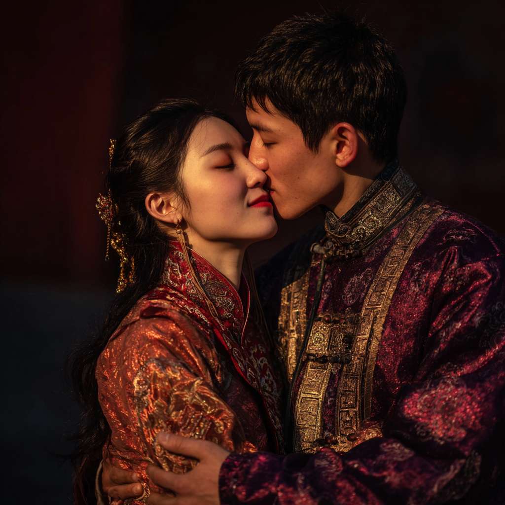 帮我生成一条图片：旁边的刘亦菲上前拥抱亲吻其脸庞 --ar 1:1 --v 7 --stylize 100 --fast --no 水印