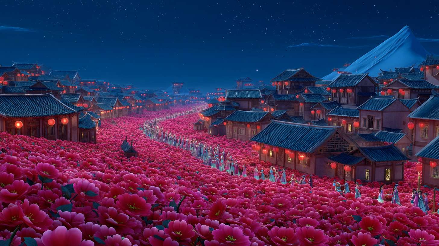 Unreal Engine 5 rendering, in this awe-inspiring scene of the ancient Luoyang Flower Festival, the composition centers on a vast sea of blooming peonies, surrounded by ancient-style pavilions, buildings, and winding corridors adorned with countless red lanterns, while the night sky is continuously lit up by colorful fireworks, the foreground features a celebrating crowd dressed in elegant Hanfu singing and dancing, the middle ground includes traditional Chinese architecture such as eaves-cornered pavilions, and the background blends deep blue starry skies with brilliant fireworks, in terms of color, vibrant reds, golds, and greens dominate, symbolizing luck and wealth, with the pink and white of the flowers sharply contrasting with the warm yellow of the lanterns, and the multicolored lights of the fireworks adding dynamic color variations, the lighting effects are exquisitely detailed, the soft glow from the lanterns casts warm shadows on people's faces and the ground, while the explosive flashes of fireworks create dazzling halos, contrasting with the cool moonlight to enhance the image's depth and dynamism, the entire scene is bustling and lively, with lanterns swaying gloriously, fireworks sparkling brilliantly, and the crowd cheering incessantly, as if transporting the viewer into a dreamlike ancient prosperous era filled with the charm of Chinese elements. --ar 16:9 --v 7 --c 20 --quality 4 --stylize 100 --fast