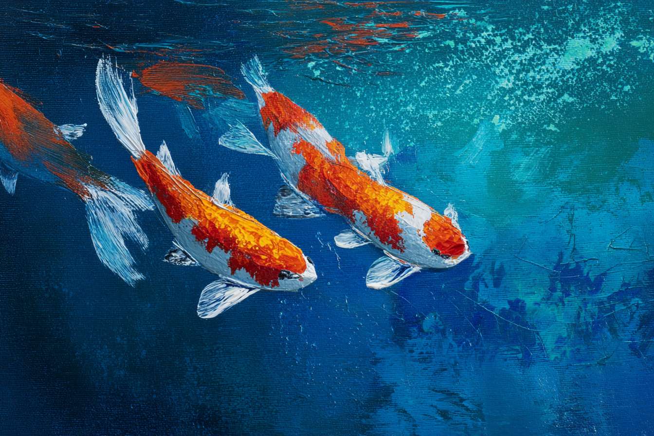 Surreal blue aquarium with shimmering koi and dynamic light, bold strokes for ripples, delicate strokes for fish, abstract oil. --ar 3:2 --v 7 --stylize 100 --fast