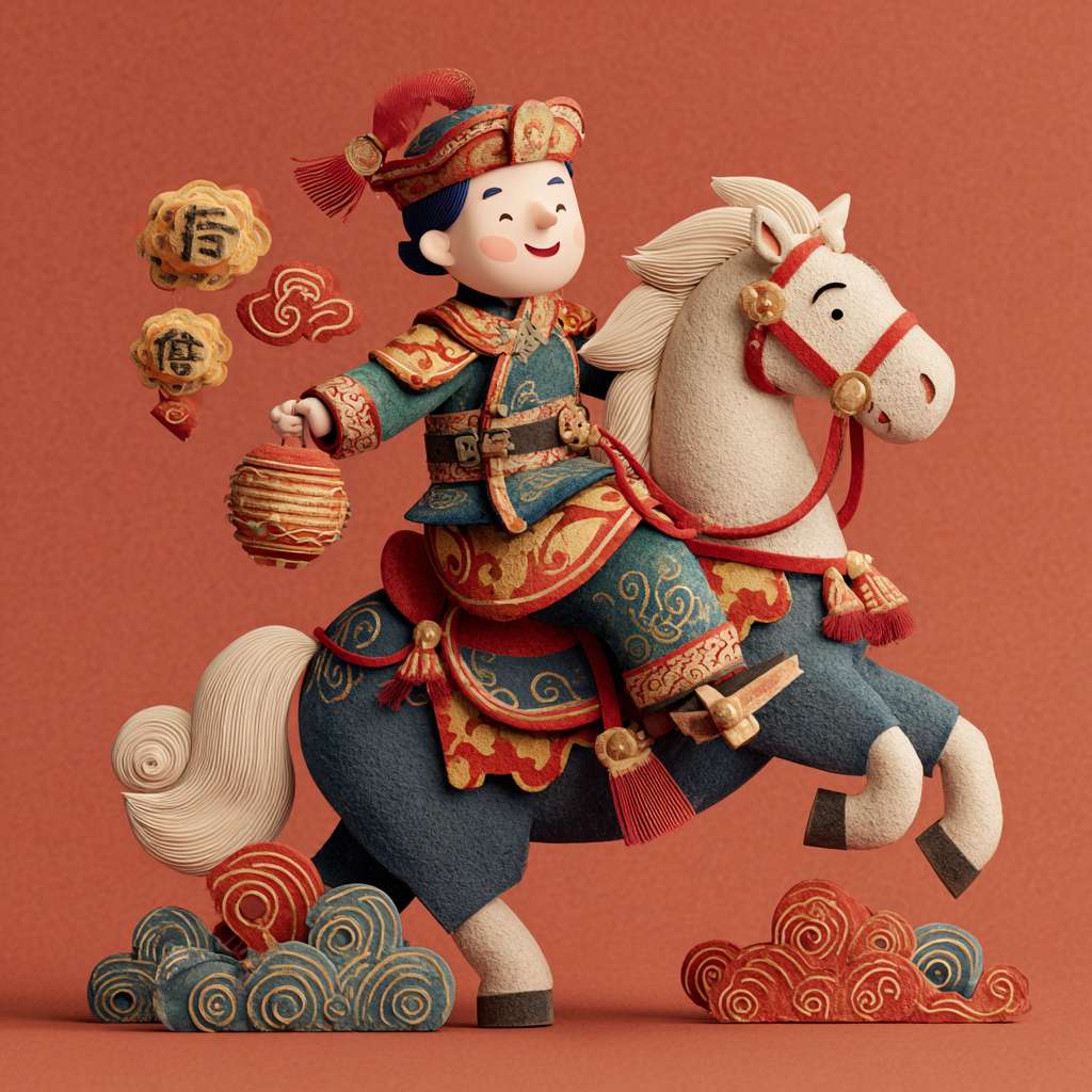 卡通，三维，马，过年，喜庆 --ar 1:1 --v 7 --stylize 100 --fast --no 水印