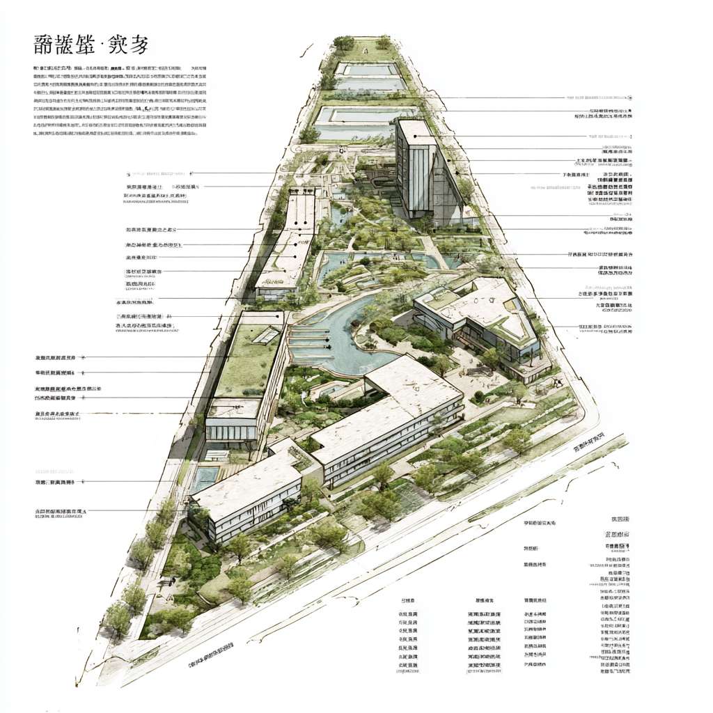 我需要设计一个庭院的景观平面布局方案，院子的形状为瘦长梯形，面积为620平米，要求设计风格为新中式，有汀步，微地形，有园路，草地，以长方形做穿插，请帮我设计一下。
好的，这是一个非常具体且有趣的设计挑战。瘦长地形和新中式风格的结合，关键在于如何通过设计手法打破狭长感，营造步移景异、曲折有致的空间体验。

方案主题：曲径探幽，方寸乾坤
设计理念：本方案以“方中带曲，虚实相生”为核心理念，用现代简洁的长方形体块进行穿插与组合，构建庭院的功能骨架；同时，通过蜿蜒的园路、起伏的微地形和灵动的绿化，软化直线条的硬朗，为狭长空间注入流动感与探索趣味，实现新中式风格对传统意境与现代生活的融合。

结构通过层层递进的空间序列，有效化解了场地的狭长感。以下是各区域的具体设计细节：

分区详细设计
1. 入口门庭区 · 藏景

照壁景墙：入口处设一堵高约2米的镂空景墙（可选用青砖、铝合金等新材料），起到“藏景”作用，避免一览无余，符合中式园林含蓄的审美。墙上可雕刻圆形漏窗或简洁的方孔，透出后方绿意。

入口对景：景墙前放置一块精致的孤赏石或一株造型罗汉松，配以低矮的球状灌木（如瓜子黄杨），形成第一个视觉焦点。

2. 中心景观与休闲区 · 聚气

会客平台：位于庭院较宽处，设计一个大型的矩形木质平台，摆放新中式户外沙发和茶几。这是主要的户外休闲和会客空间。

静水景墙：平台一侧，设计一道长方形静水池或线性跌水景墙。水景的运用不仅能增添灵动的声景，其横向线条也能有效拉宽视觉，打破狭长感。

阳光草坪：平台另一侧，布置一块长方形的阳光草坪，并营造微地形，形成舒缓的起伏。地形最高点可植一棵点景大树（如红枫、鸡爪槭），成为第二视觉焦点。

3. 纵深探索区 · 探幽

曲径园路：从中心区延伸，园路不再是笔直的，而是变为婉转的“之”字形”，采用花岗岩、青石板等材料，以汀步与碎石相结合的形式铺设，增加行走的趣味性。

禅意小园：在园路转折处，开辟一个长方形的小空间，地面铺白色砾石（早园砂），放置几块天然巨石，搭配一棵造型优美的树，形成一个充满静思禅意的角落。

4. 私密休憩区 · 得静

休憩平台：在庭院最深处，设置一个私密的小型平台，上设一个轻巧的现代亭或廊架，构成“景框”，将后方的景色收纳其中。这里是独处、阅读的理想场所。

尽端对景：在庭院尽头的围墙前，种植一组常绿绿植（如竹林、桂花）或一棵高大的乔木，作为整个庭院序列的终点和对景。

设计亮点与化解狭长感的技巧
空间分隔：利用景墙、廊架、植物组团等元素，将620平米的狭长空间划分为3-4个功能各异、大小不一的连续空间，实现“小中见大，一步一景”的效果。

视线引导：通过轴线（入口-水景-尽端对景）控制大局，同时用曲折的园路打破单一视线，引导人在行进中不断转换视角，忽略场地的形状缺陷。

体块穿插：所有平台、水景、草坪均采用长方形，但通过不同的摆放角度（如与园路形成夹角）、不同材质的组合，形成丰富的几何构图，极具现代感。

元素呼应：

汀步：作为园路的一部分，穿梭于草坪、水面（旱汀步）之间，连接各个功能区。

微地形：主要应用于中心草坪区，创造地表的起伏，增加空间的立体感和层次感。

草地：作为“底图”，衬托出硬质铺装和植物组团的形态，使环境更柔和、自然。

植物配置建议
乔木：选用具有中式意境的树种，如红枫、鸡爪槭、罗汉松、桂花、紫竹等，作为点景树。

灌木：使用南天竹、瓜子黄杨球、杜鹃等，用于组团和软化硬质边界。

地被：沿阶草、苔藓、狼尾草等，用于营造细腻的景观质感。 --ar 1:1 --v 7 --stylize 100 --fast --no 水印