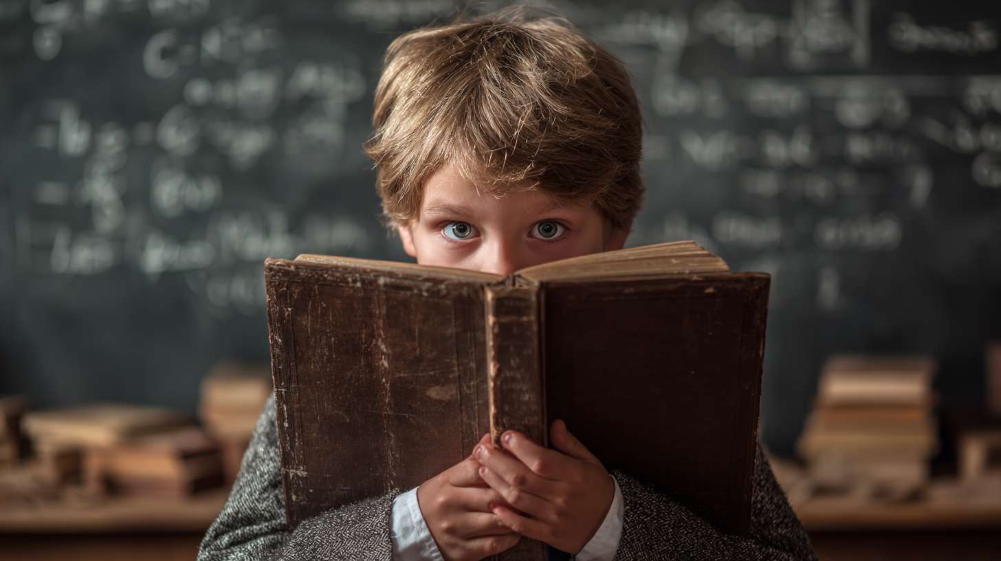 一个在课上的学生，用立着的书挡住自己的脸 --ar 16:9 --v 7 --stylize 100 --fast --no 水印