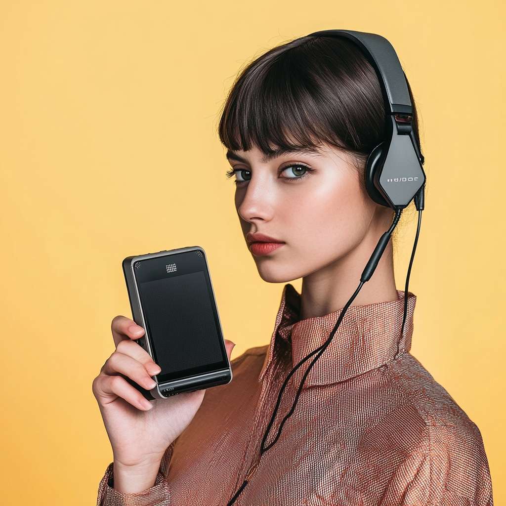 https://img-xpc-mj0.xpccdn.com/prod/upload/61ce0141-9a91-4cde-a901-2db3e64f11ae/%E5%BE%AE%E4%BF%A1%E6%88%AA%E5%9B%BE_20250409094538.png~tplv-5yakomv5zn-auto-v1%3A1024%3A0%3Aq75.jpg https://img-xpc-mj0.xpccdn.com/prod/upload/35cb2eec-09be-4567-bae0-dc1e20a7f672/%E5%BE%AE%E4%BF%A1%E6%88%AA%E5%9B%BE_20250409094609.png~tplv-5yakomv5zn-auto-v1%3A1024%3A0%3Aq75.jpg 一位模特拿着音乐播放器听音乐，简约纯色背景，近景特写，商业拍照 --ar 1:1 --v 6.1 --stylize 100 --fast --iw 1