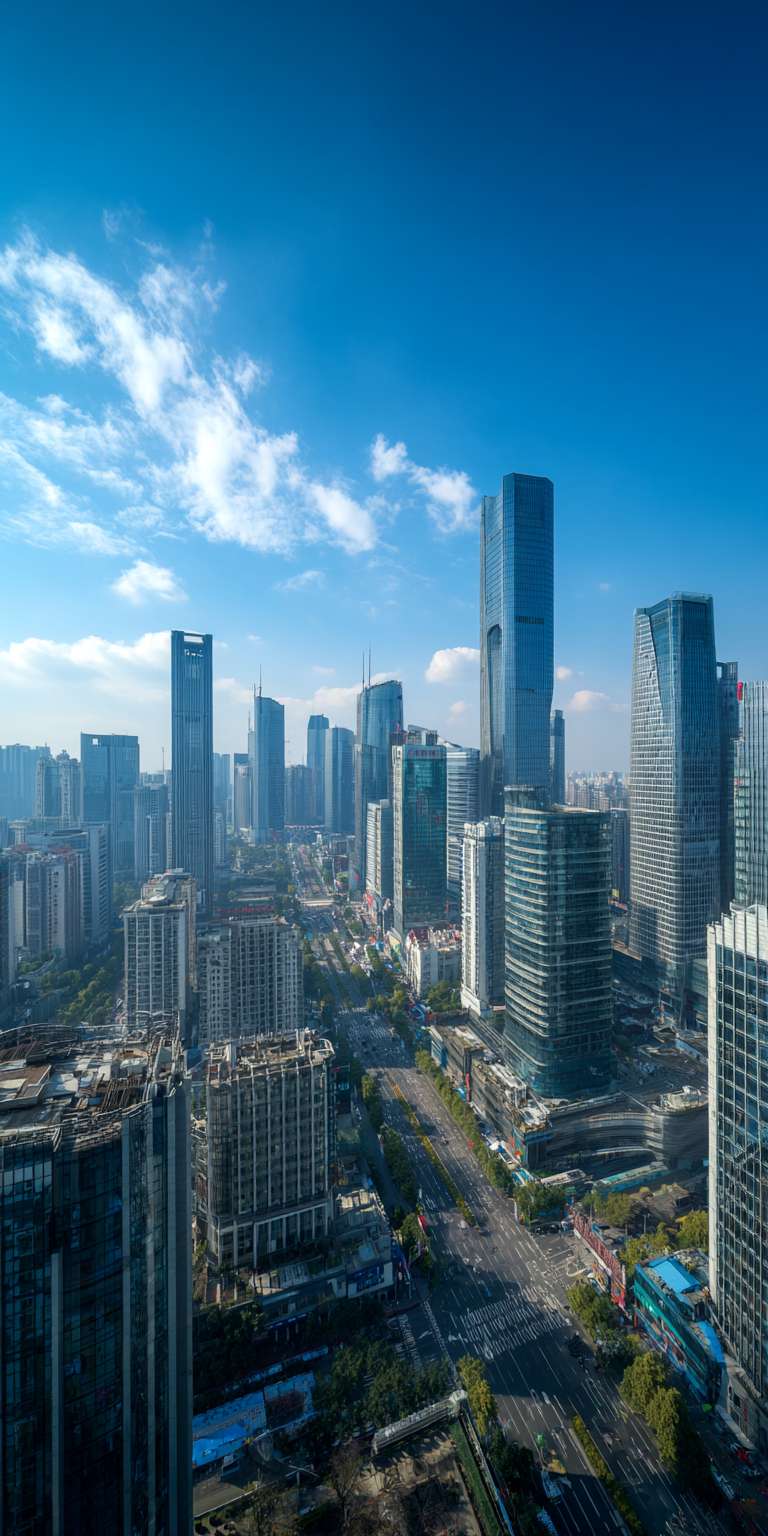 从高处俯瞰现代化大都市，众多摩天大楼林立，玻璃幕墙在阳光下熠熠生辉，城市街道穿插其间，上方是晴朗的蓝天和少量白云，氛围开阔且充满现代感。 --ar 1:2 --v 7 --stylize 100 --fast --no 水印