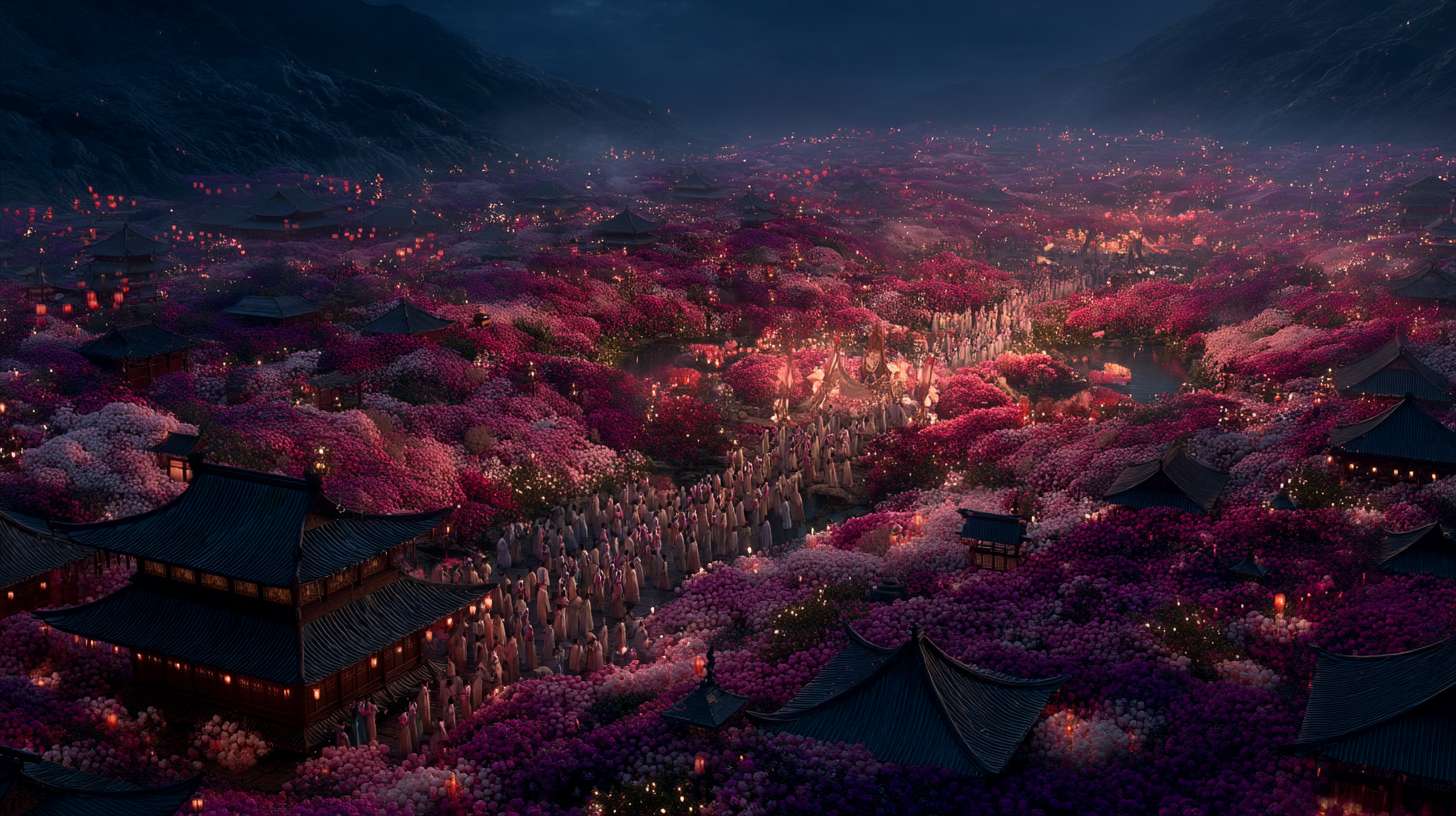 Unreal Engine 5 rendering, in this awe-inspiring scene of the ancient Luoyang Flower Festival, the composition centers on a vast sea of blooming peonies, surrounded by ancient-style pavilions, buildings, and winding corridors adorned with countless red lanterns, while the night sky is continuously lit up by colorful fireworks, the foreground features a celebrating crowd dressed in elegant Hanfu singing and dancing, the middle ground includes traditional Chinese architecture such as eaves-cornered pavilions, and the background blends deep blue starry skies with brilliant fireworks, in terms of color, vibrant reds, golds, and greens dominate, symbolizing luck and wealth, with the pink and white of the flowers sharply contrasting with the warm yellow of the lanterns, and the multicolored lights of the fireworks adding dynamic color variations, the lighting effects are exquisitely detailed, the soft glow from the lanterns casts warm shadows on people's faces and the ground, while the explosive flashes of fireworks create dazzling halos, contrasting with the cool moonlight to enhance the image's depth and dynamism, the entire scene is bustling and lively, with lanterns swaying gloriously, fireworks sparkling brilliantly, and the crowd cheering incessantly, as if transporting the viewer into a dreamlike ancient prosperous era filled with the charm of Chinese elements. --ar 16:9 --v 7 --c 20 --quality 4 --stylize 100 --fast
