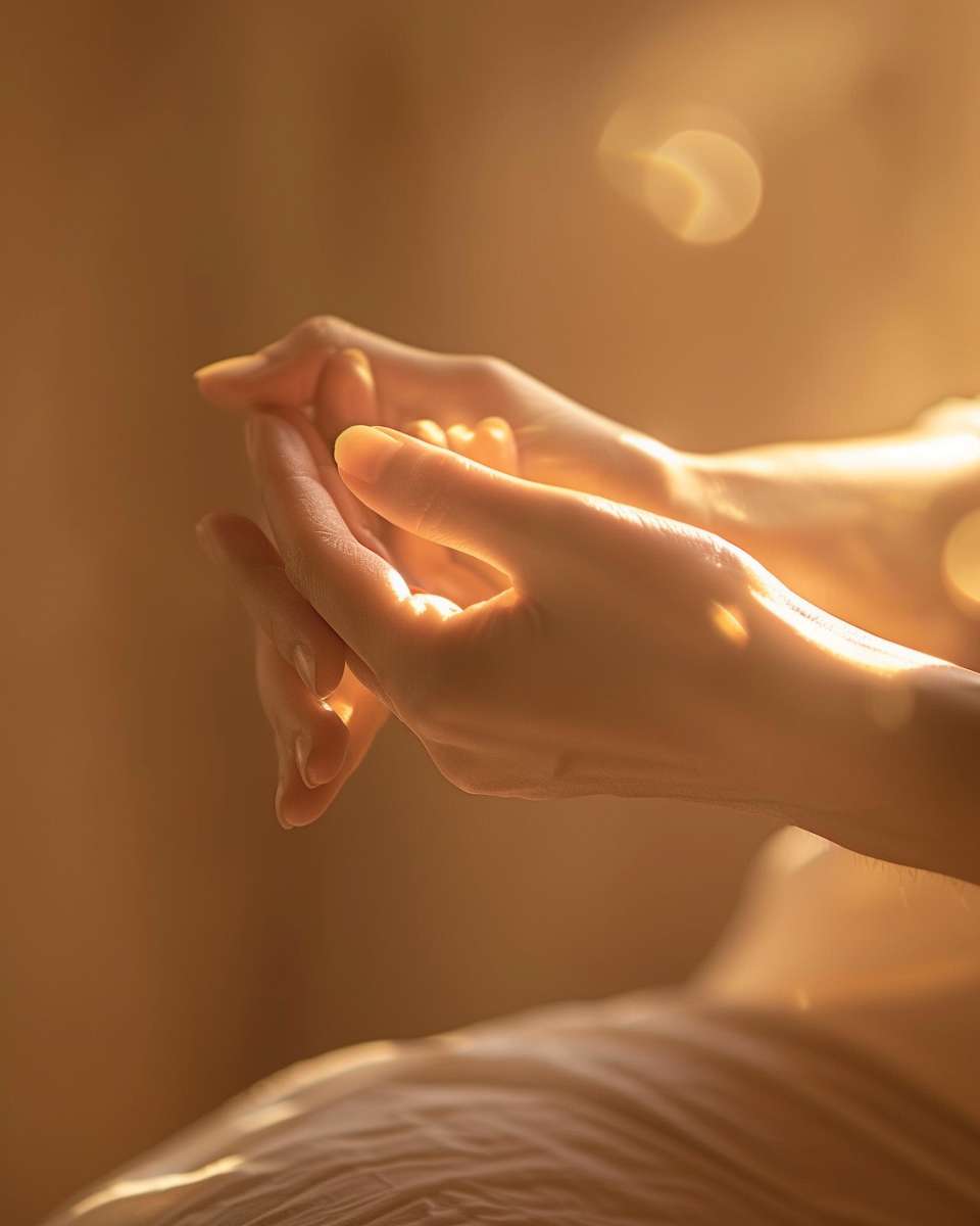 Close-up of hands gently tapping the inner elbow, soft golden light highlighting acupressure points, minimalist Zen style, no text --ar 4:5 --v 6 --stylize 100 --fast