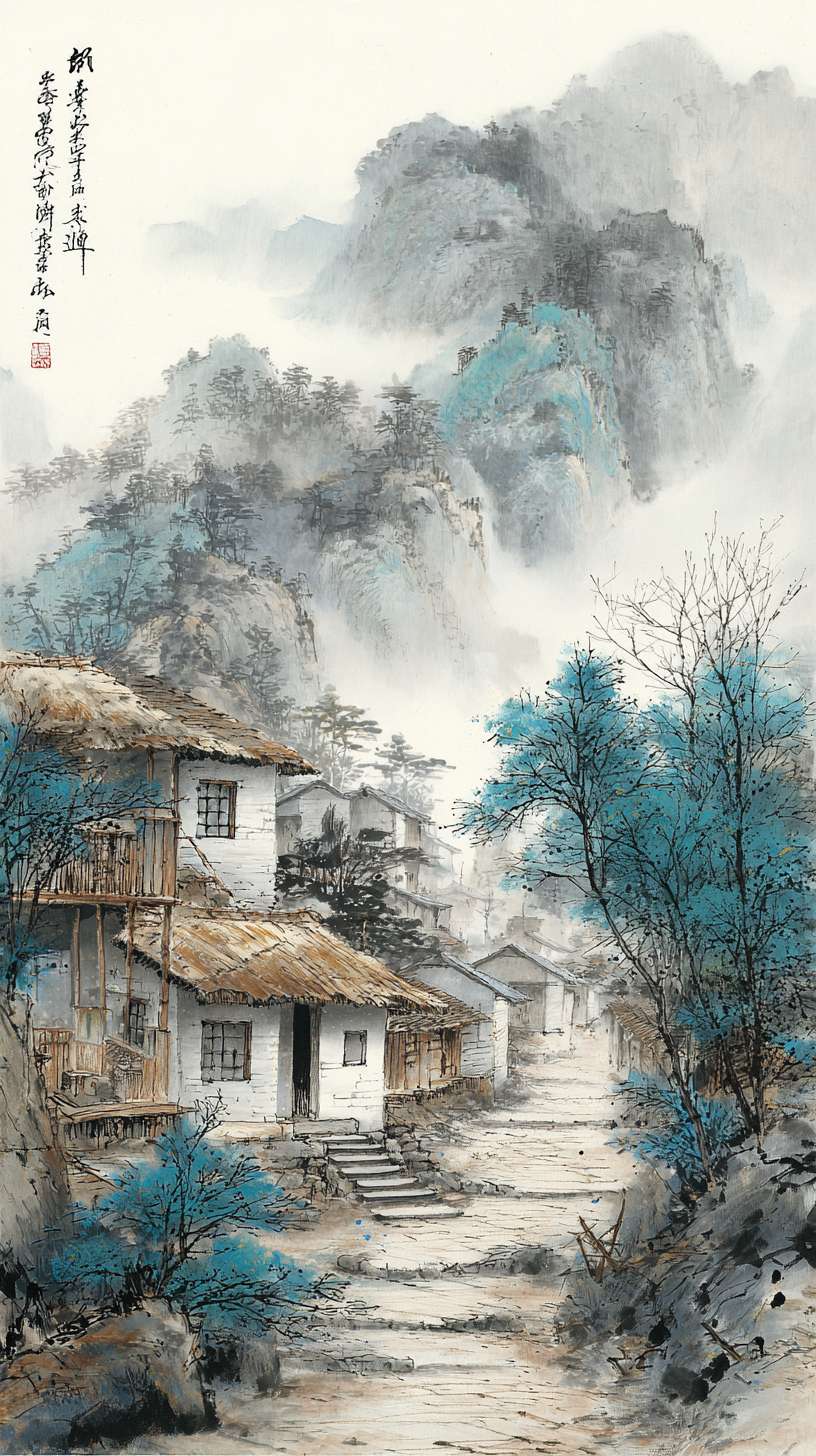 新手村-水墨风
750x1334px
构图:竖版全景,下方 2/3 为村落(3-4 间茅屋、竹篱笆、石板路),上方 1/3 为远山(层峦叠嶂)核心元素:- 茅屋:稻草屋顶(焦墨点画)、竹木结构(淡墨线条)- 炊烟:淡墨留白,呈 “S” 形飘散- 点缀:村口老槐树(浓墨枝干、淡墨树叶)、田埂小路
主色调:灰蓝色(R150-170, G160-180, B180-200)辅助色:- 屋顶稻草:暖灰色(R160-170, G150-160, B130-140)- 树叶:淡绿色(R140-150, G160-170, B130-140)统一适配:灰蓝色与其他场景主色调明度对齐(保持 30%-85% 区间)
1. 炊烟用 “淡墨晕染 + 留白” 技法,与竹林的薄雾笔触一致2. 茅屋线条粗细与武馆的木架线条保持统一3. 远山墨色层次与山间小路的云海层次一致 --ar 9:16 --v 7 --stylize 100 --fast --no 水印