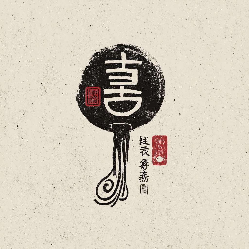 一个中国传统风格餐饮LOGO，核心图形是印章，印章内有艺术变形的“匠”字，字形结合了一只托举的手和飘逸的面条线条，印章边有古朴残破效果，印章内的图形文字都是黑色，背景干净，极简主义，高清，矢量 --ar 1:1 --v 7 --stylize 100 --fast --no 水印