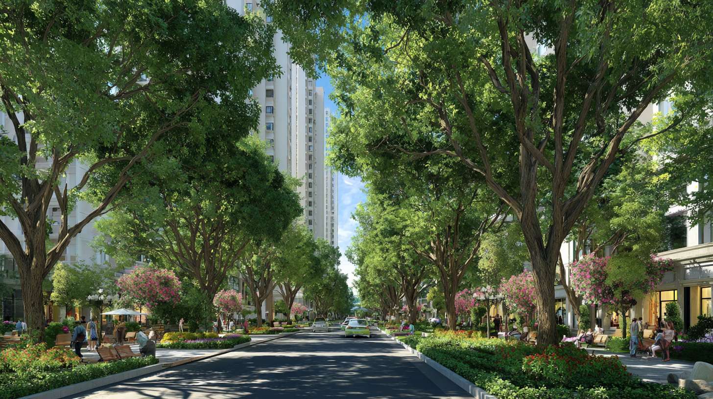 郁郁葱葱的行道树、小区内的绿荫、市民在树下休憩。新小区 --ar 16:9 --v 7 --stylize 100 --fast --no 水印