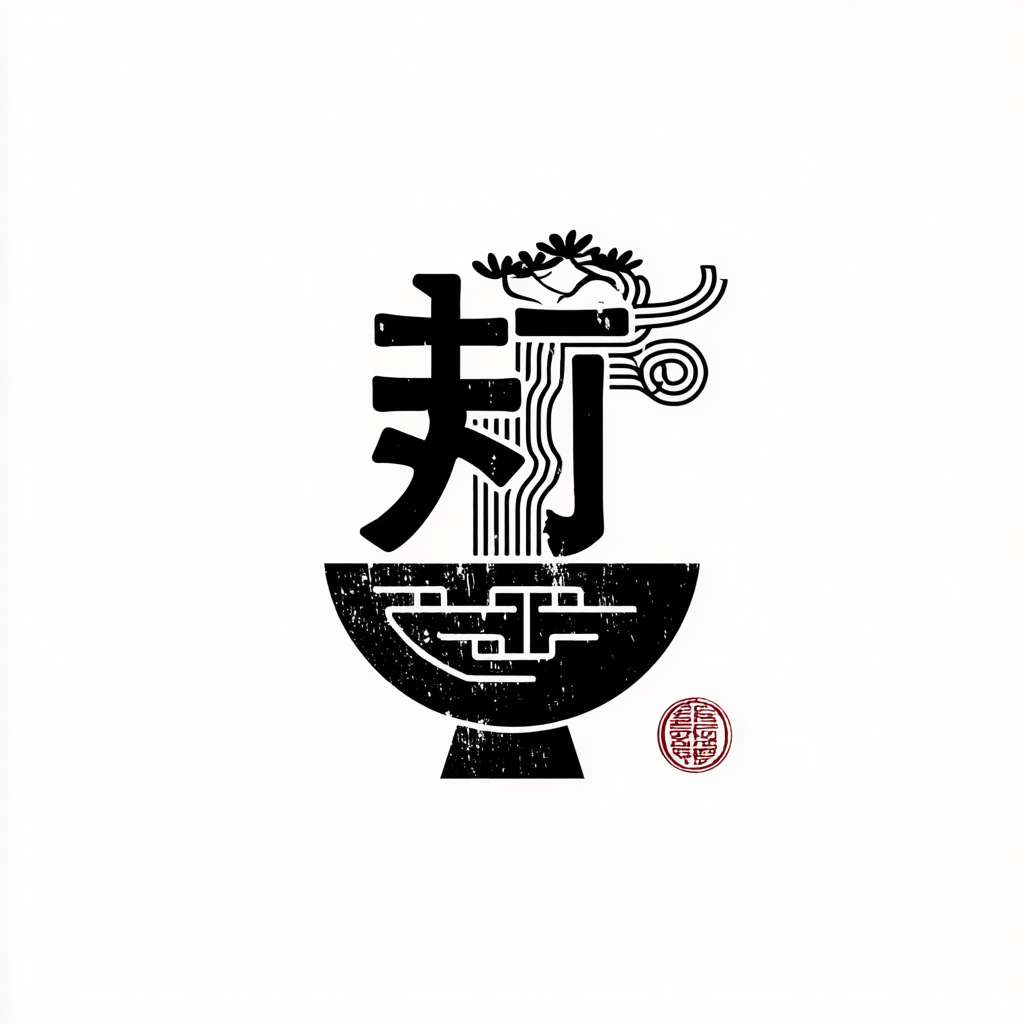 一个中国传统风格餐饮LOGO，核心图形是印章，印章内有艺术变形的“匠”字，字形结合了一只托举的手和飘逸的面条线条，印章边有古朴残破效果，印章内的图形文字都是黑色，背景干净，极简主义，高清，矢量 --ar 1:1 --v 7 --stylize 100 --fast --no 水印