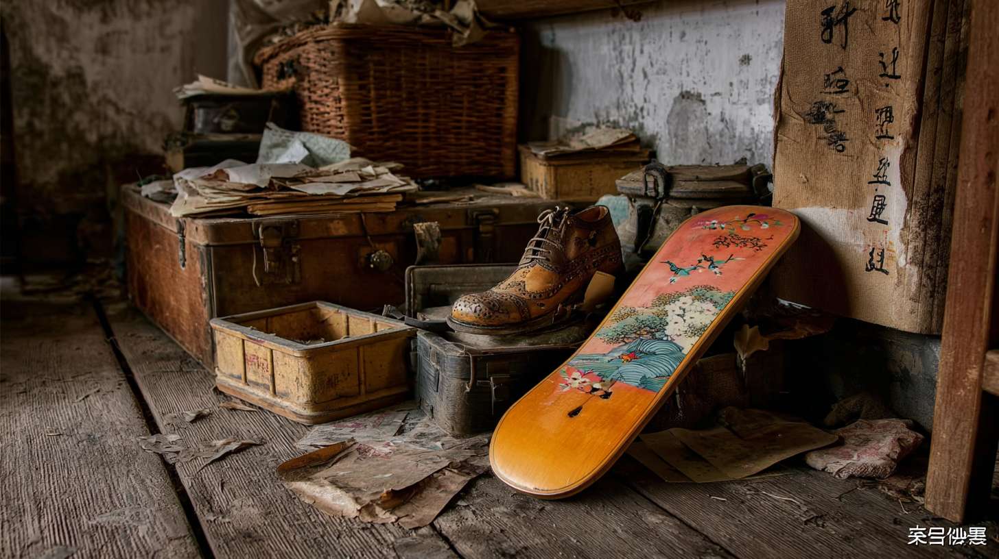 https://img-xpc-mj0.xpccdn.com/prod/upload/98677ad4-1d7d-4b12-b527-0e8a8f4f1793/%E6%8F%8F%E8%BF%B0%E6%9C%A8%E5%B1%90%E9%9E%8B%E5%9C%BA%E6%99%AF.png~tplv-5yakomv5zn-auto-v1%3A1024%3A0%3Aq75.jpg 单只木屐鞋在老宅阁楼，堆满旧衣柜，藤箱和散落的报纸， --ar 16:9 --v 7 --stylize 100 --fast --iw 1 --no 水印
