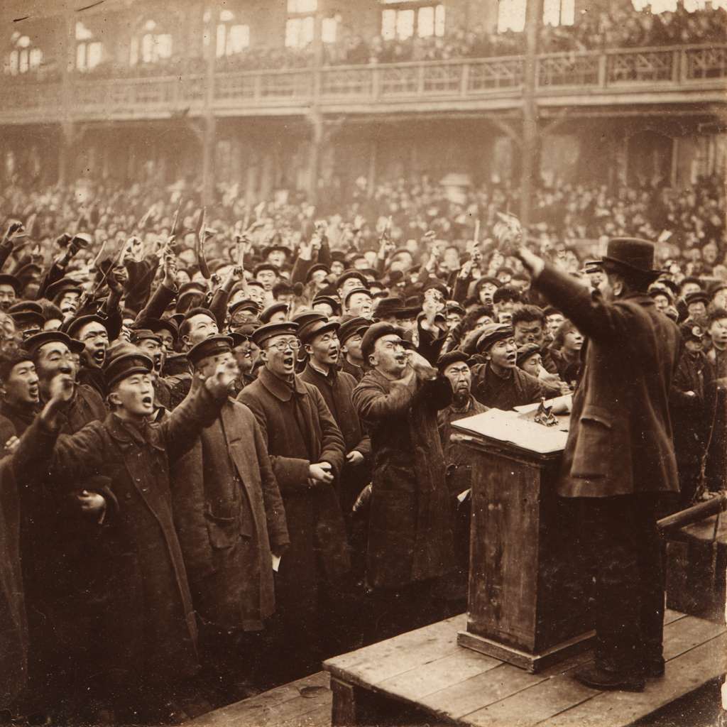 "1919年北京大学红楼广场，三千名激昂学生举手呐喊，前排青年站在木箱上演说，，空中飞舞传单，简笔画风格 --ar 1:1 --v 7 --stylize 100 --fast --no 水印