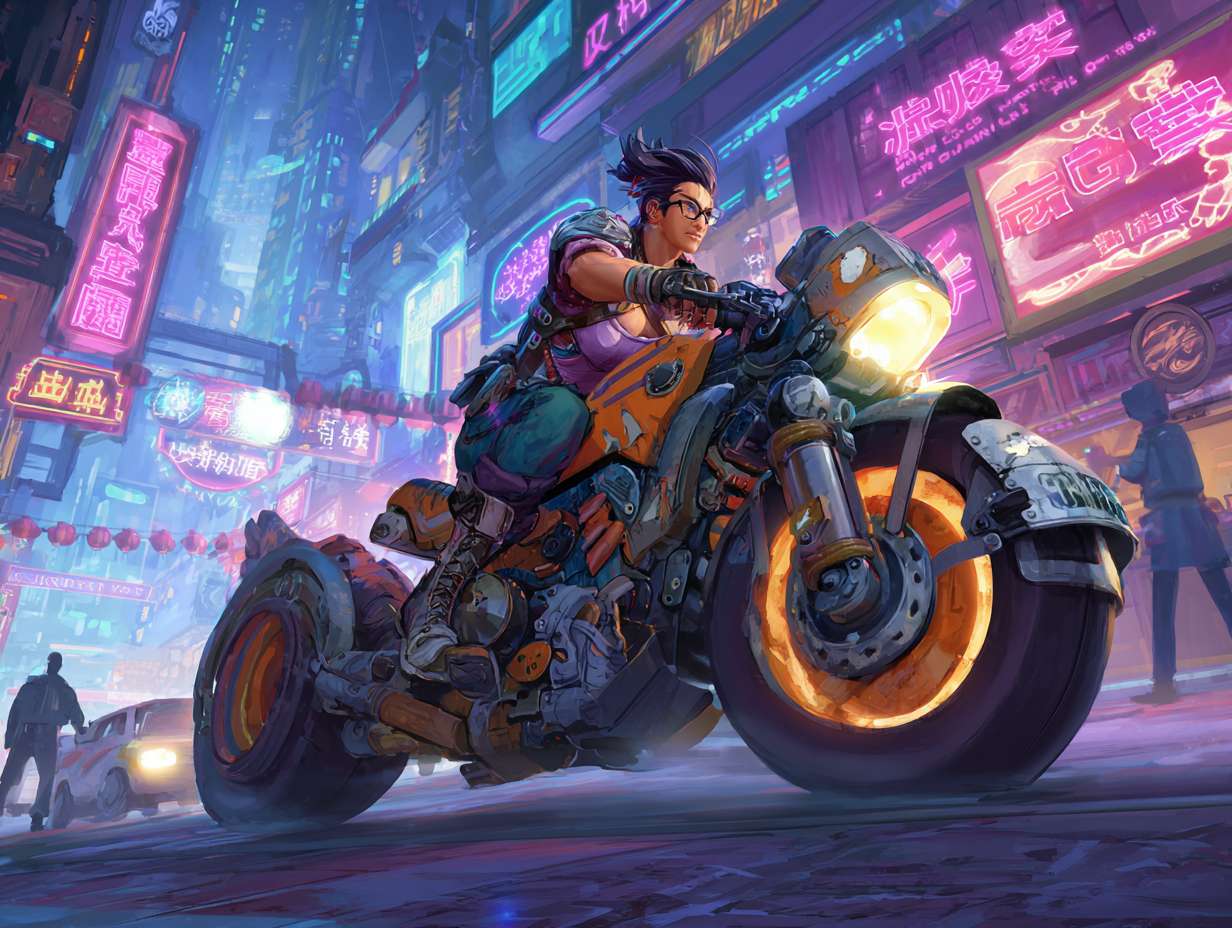 《哪吒重生》赛博朋克风，科幻炫酷的街道，全景，主人公驾驶摩托车在街道行驶 --ar 4:3 --v 7 --stylize 100 --fast --no 水印