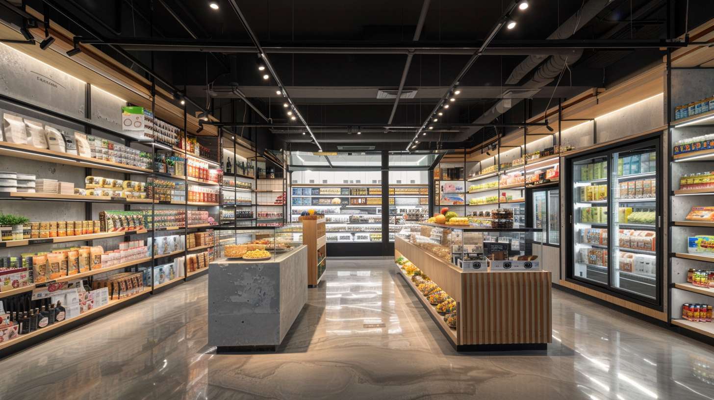 A 315m² minimalist concept convenience store, featuring single-unit product displays like an art gallery. Four lifestyle zones: 1) Breakfast zone with wooden tiered shelves displaying cereal boxes, milk bottles, and fruit bowls under warm lighting 2) Main meal area with modular concrete displays showing bento boxes, pasta packs and canned goods on geometric platforms 3) Leisure snack section with floating acrylic shelves holding chip bags and chocolate bars, backlit with soft LEDs 4) Beverage gallery with glass refrigerated columns showcasing drinks in suspended formation. Central tasting island with sample stations. Polished epoxy floor reflecting ceiling track lights, floor-to-ceiling glass storefront. Scandinavian wood accents, monochrome signage. --ar 16:9 --v 6.0 --style raw --stylize 100 --fast