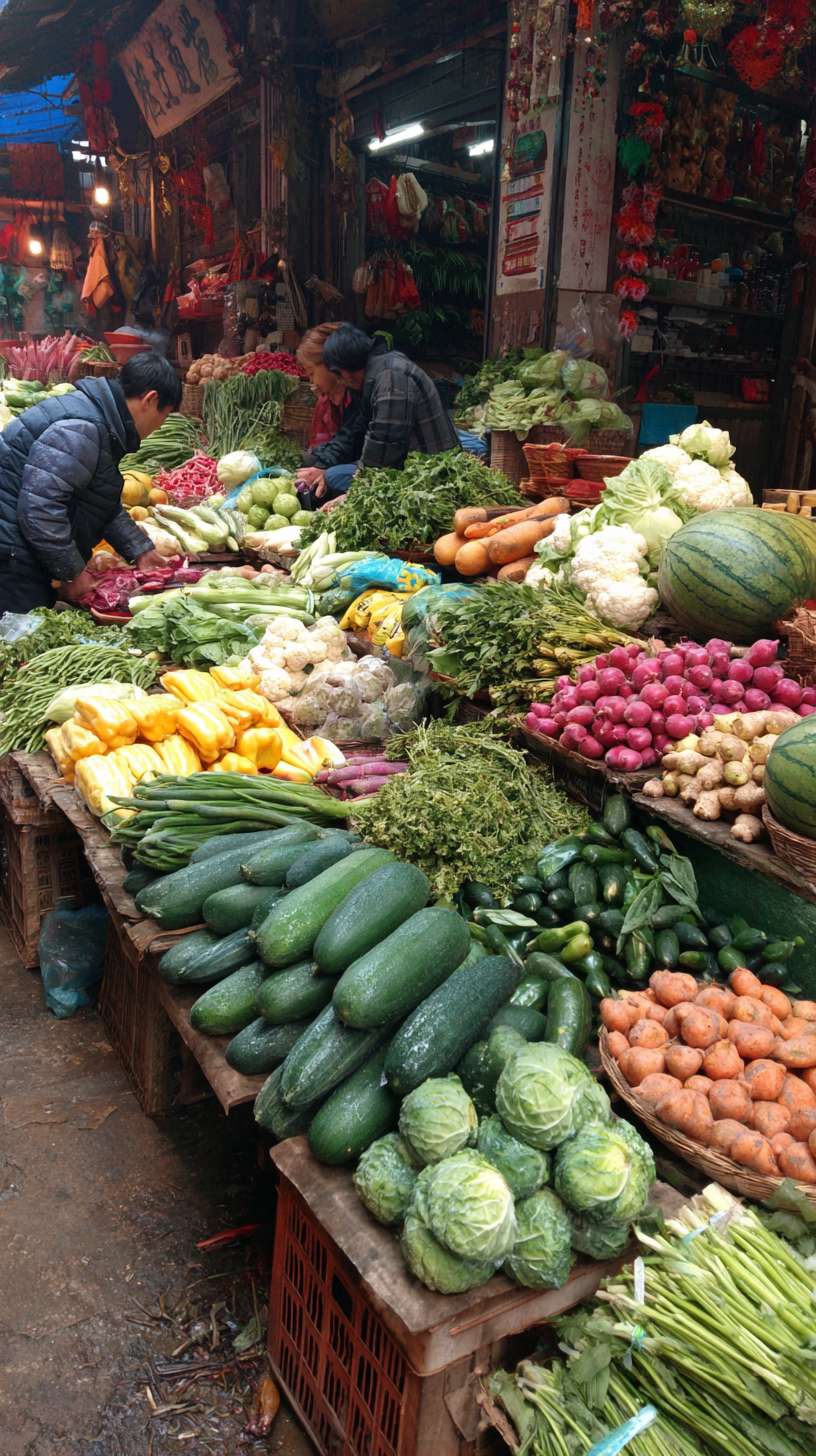 云南菜市场摆放着各种新鲜的蔬菜瓜果琳琅满目 --ar 9:16 --v 7 --stylize 100 --fast --no 水印